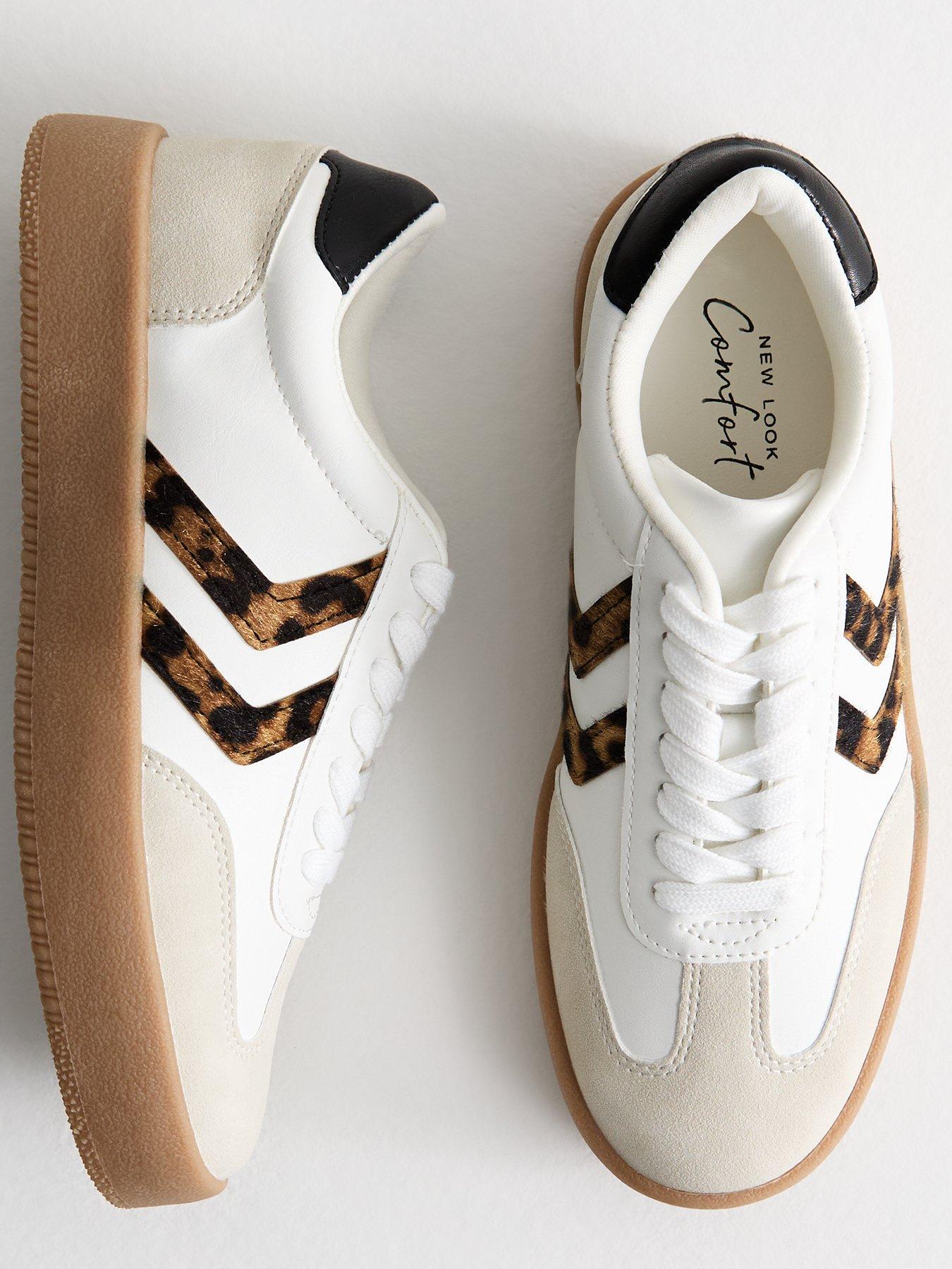  image of new-look-stone-faux-leather-leopard-print-panelled-flatform-trainers-beige