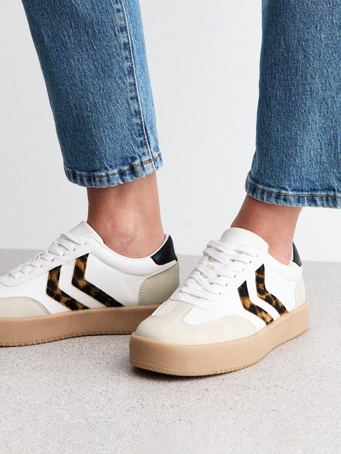  image of new-look-stone-faux-leather-leopard-print-panelled-flatform-trainers-beige
