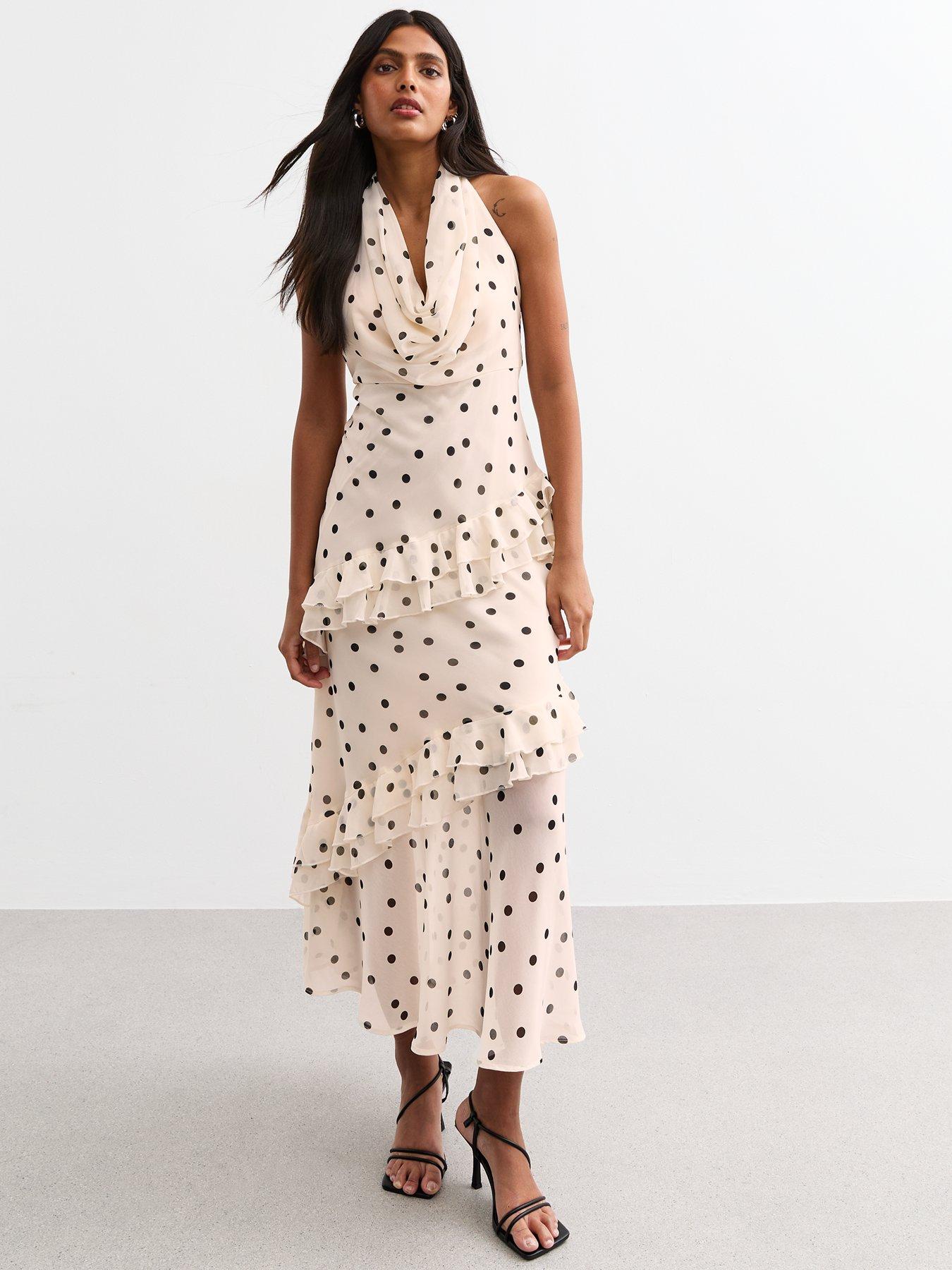Image 1 of 5 of New Look Polka Dot Cowl Neck Chiffon Midi Dress - Cream