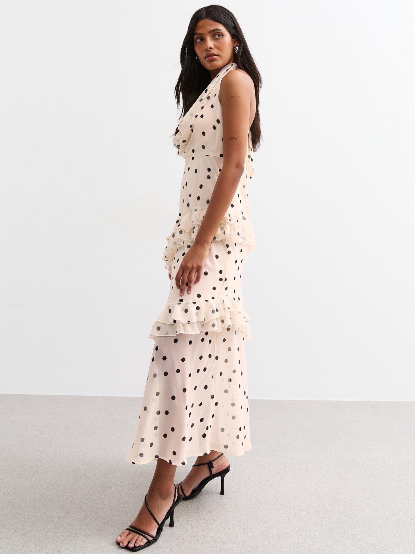 Image 3 of 5 of New Look Polka Dot Cowl Neck Chiffon Midi Dress - Cream
