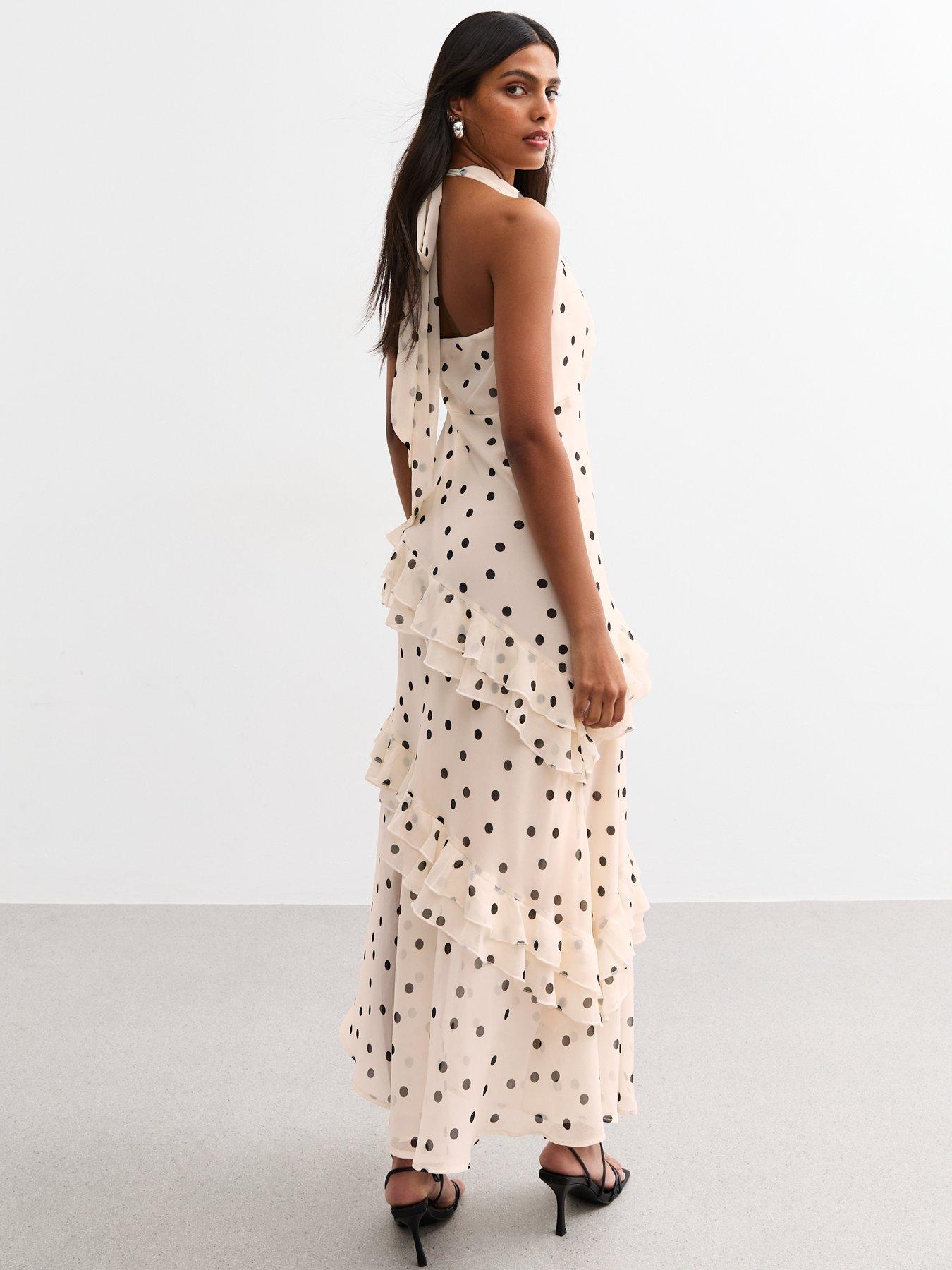 Image 4 of 5 of New Look Polka Dot Cowl Neck Chiffon Midi Dress - Cream