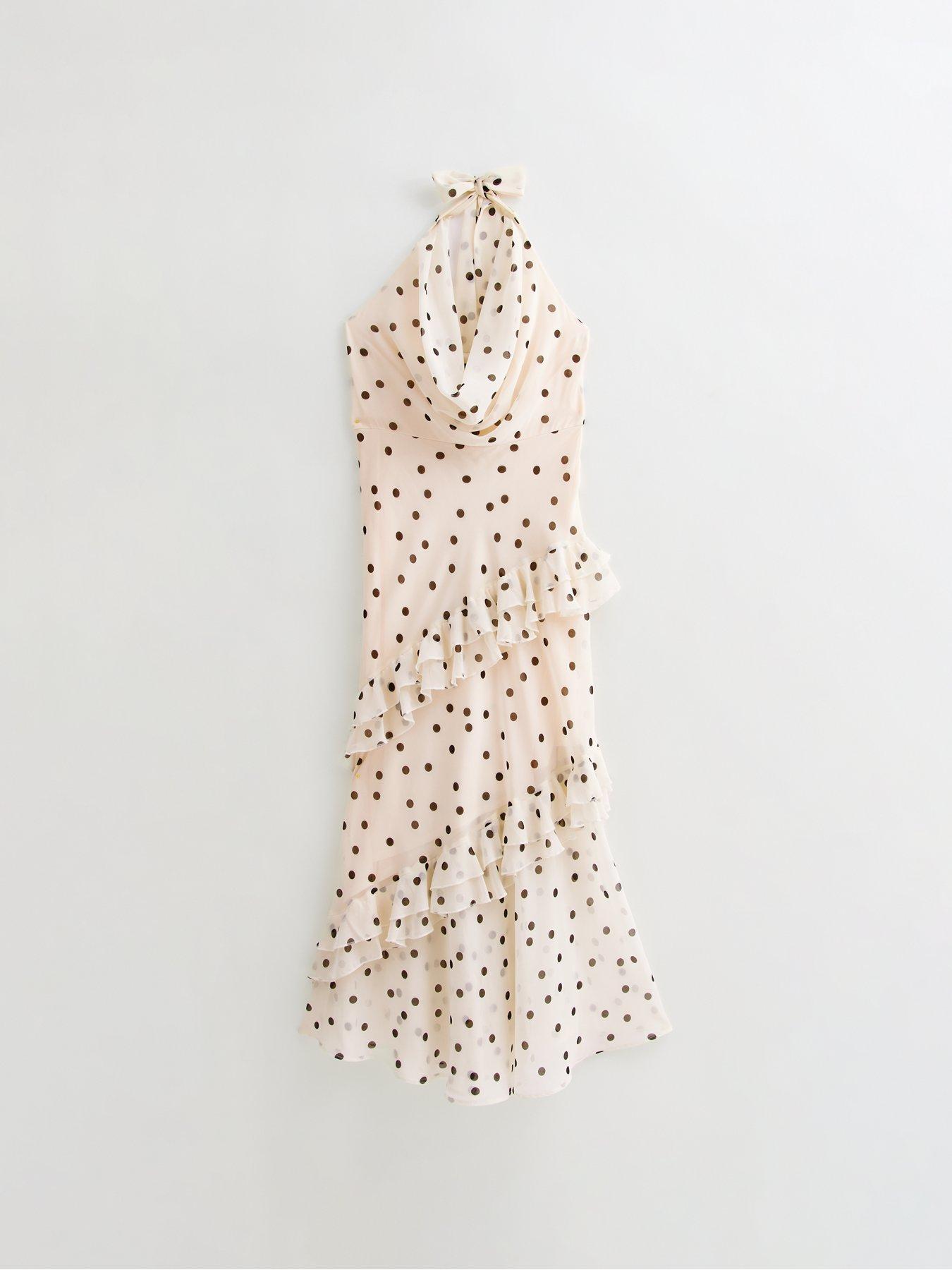 Image 5 of 5 of New Look Polka Dot Cowl Neck Chiffon Midi Dress - Cream