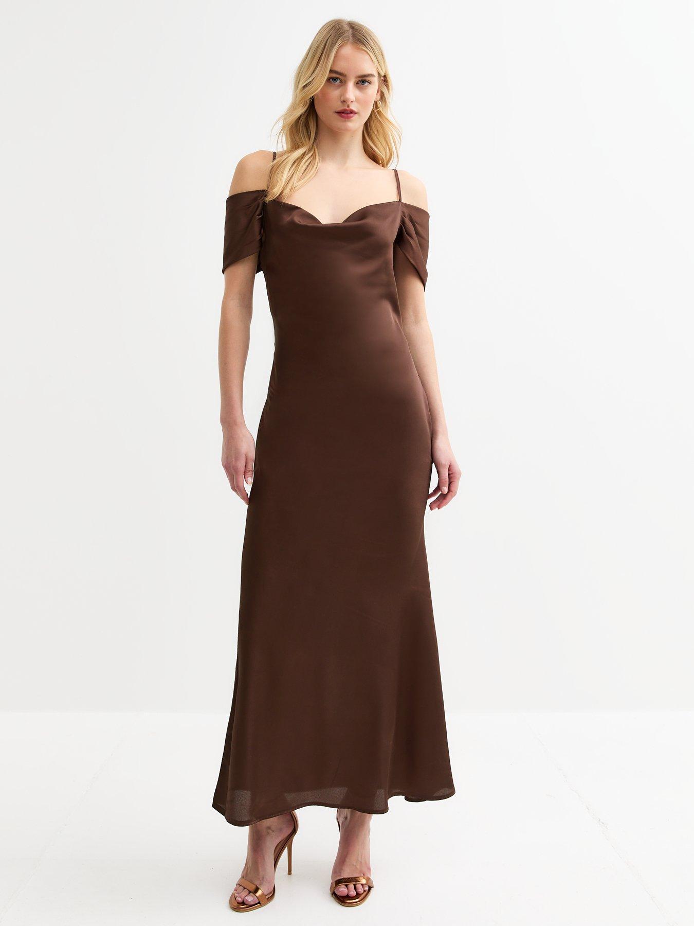 new-look-tall-dark-brown-bardot-satin-midi-dress