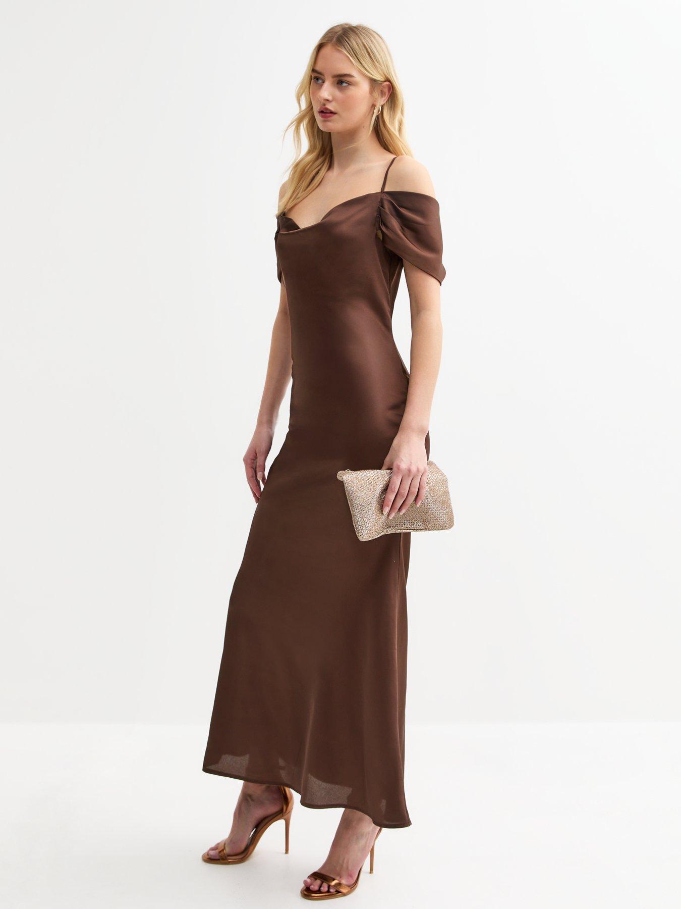 New Look Tall Dark Brown Bardot Satin Midi Dress | Littlewoods