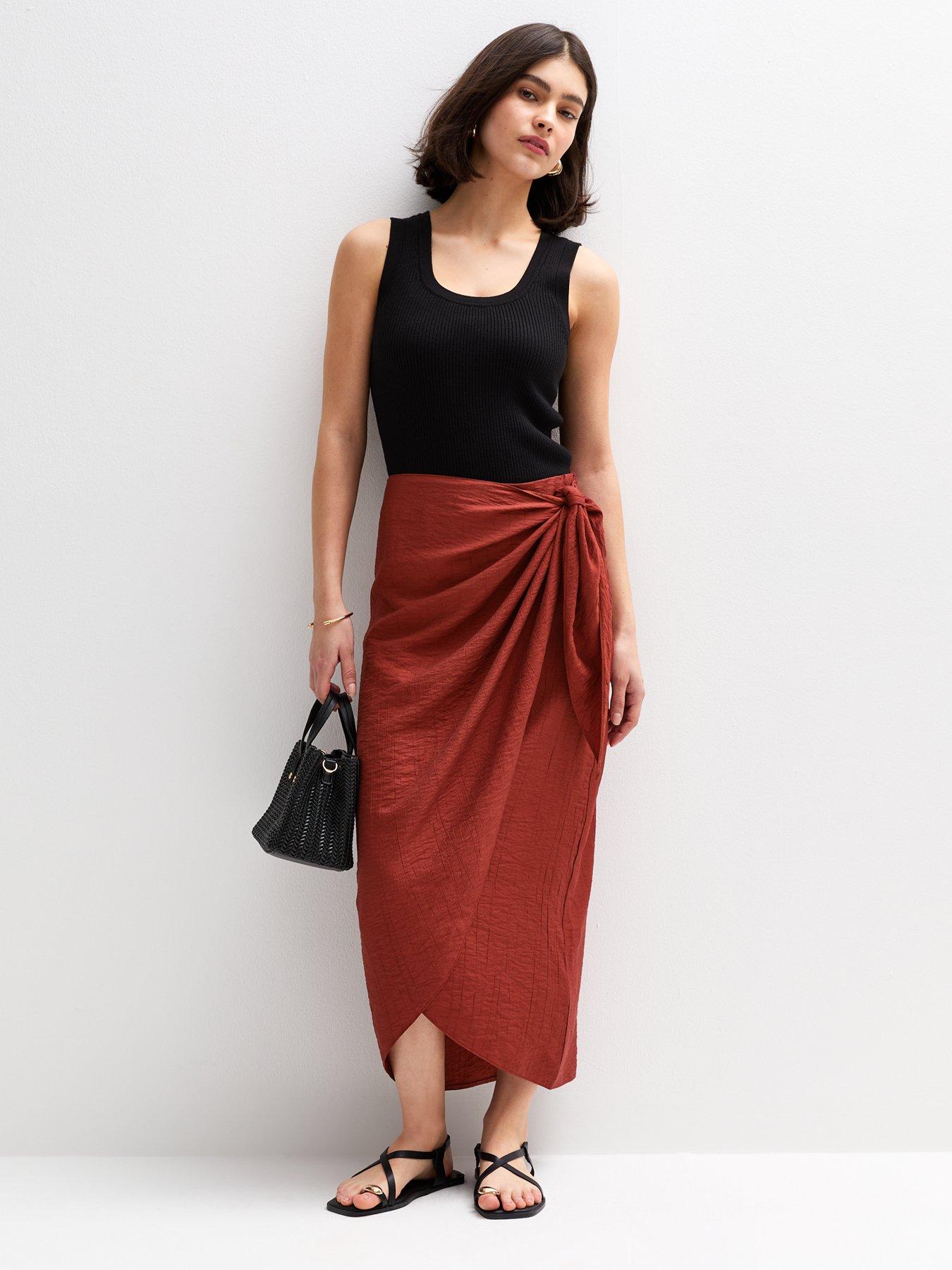 undefined Dark Red Crinkled Wrap Midi Skirt