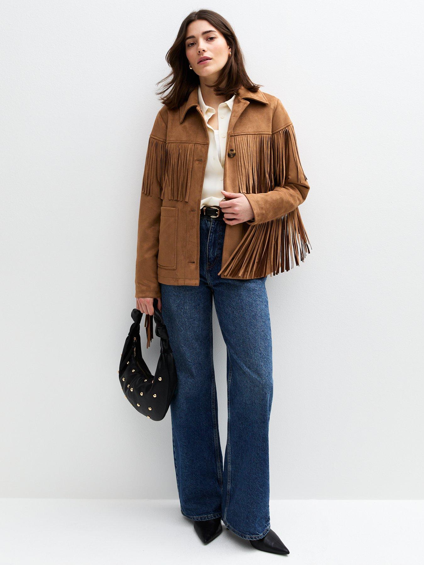 undefined Tan Fringe Trimmed Faux Suede Jacket