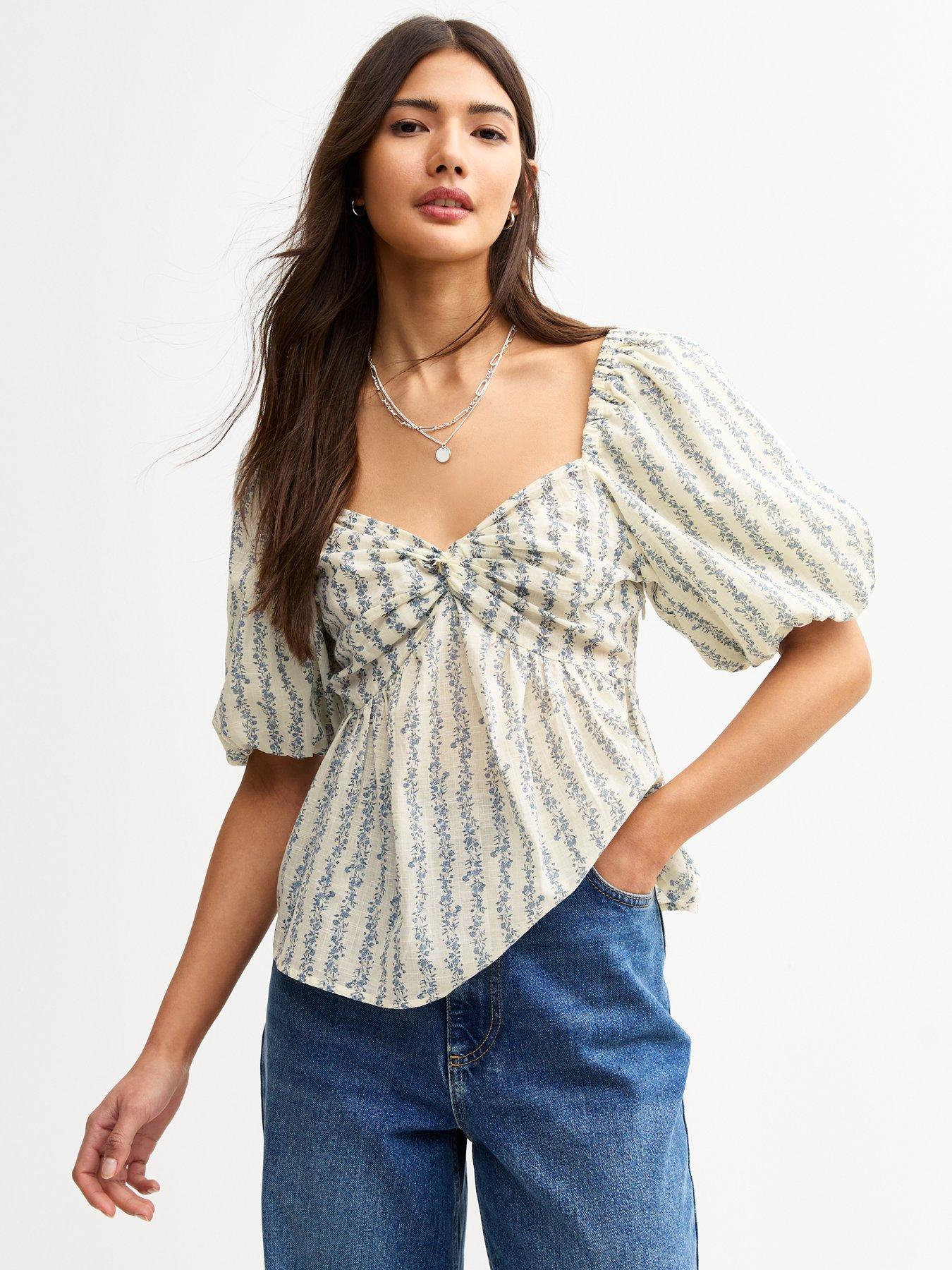 New Look Floral Print Puff Sleeve Milkmaid Top - Blue