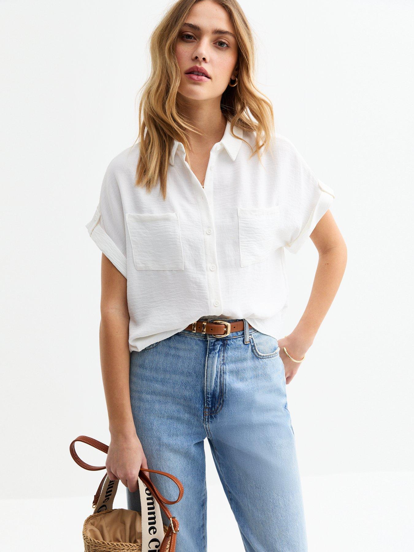  image of new-look-white-double-chest-pocket-shirt
