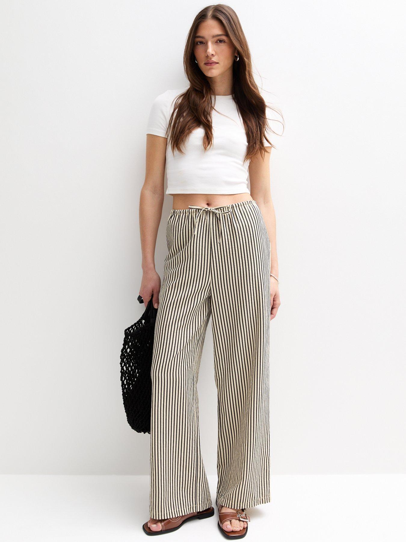  image of new-look-black-crinkle-textured-striped-wide-leg-trousers