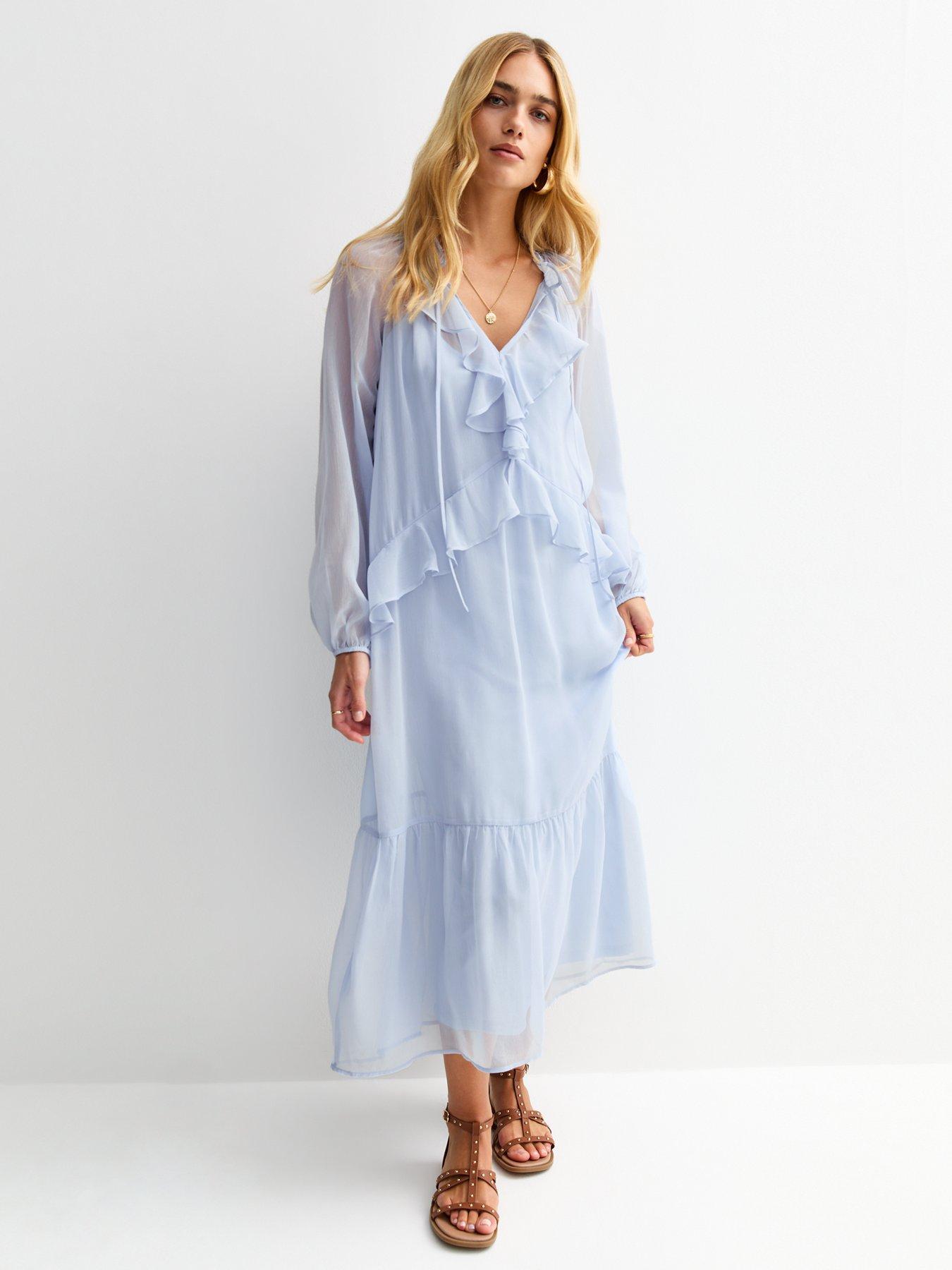 undefined Light Blue Frilly Trim Chiffon Midi Dress