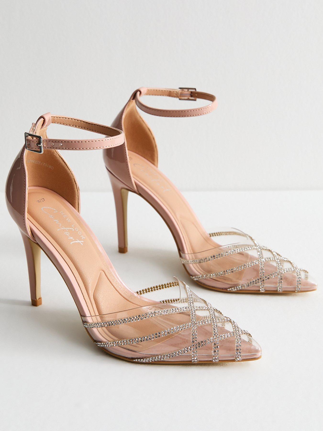  image of new-look-pink-faux-patent-leather-shimmer-embellished-court-shoes