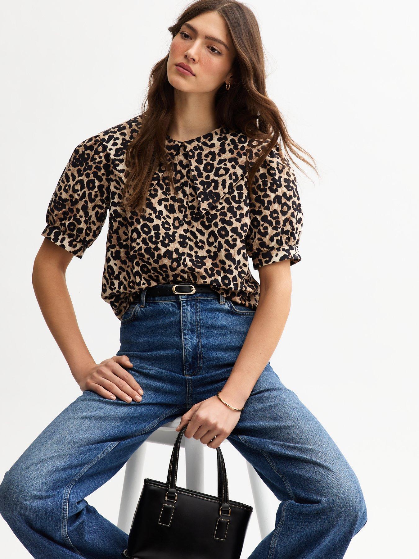 undefined Brown Leopard Print Oversized Collar Shirt