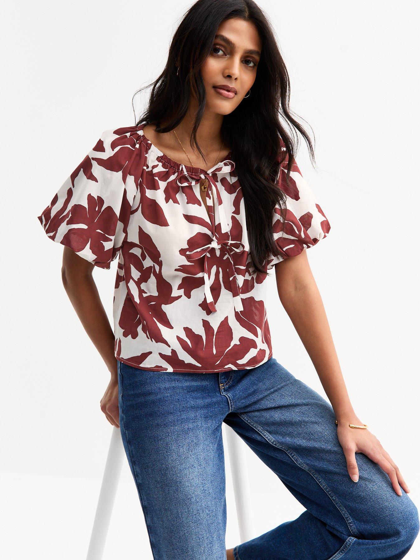 new-look-white-printed-tie-front-puff-sleeve-top
