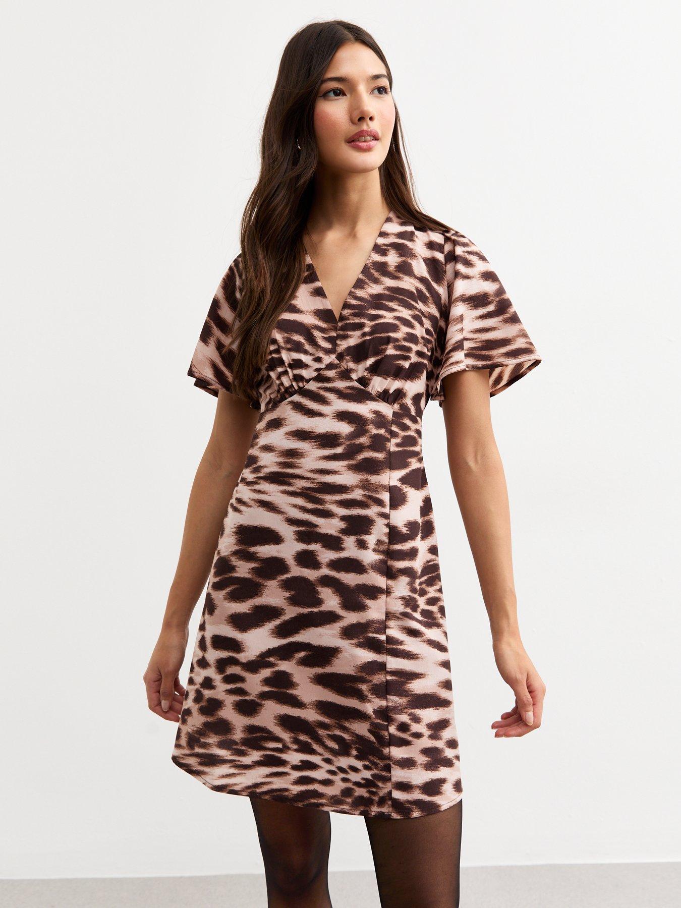 new-look-brown-animal-print-flutter-sleeve-mini-dress
