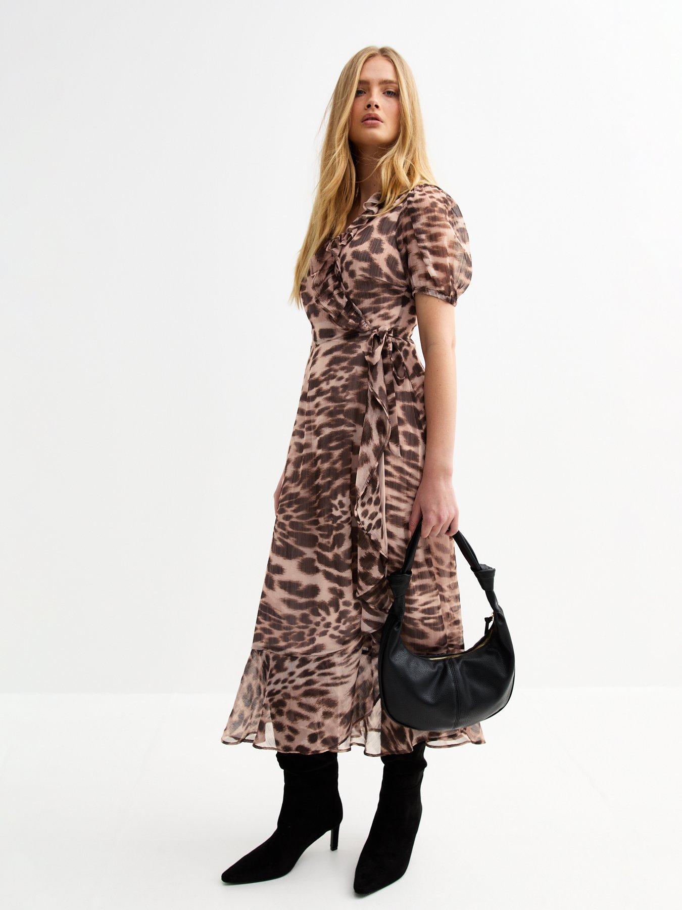new-look-brown-animal-print-chiffon-wrap-midi-dress