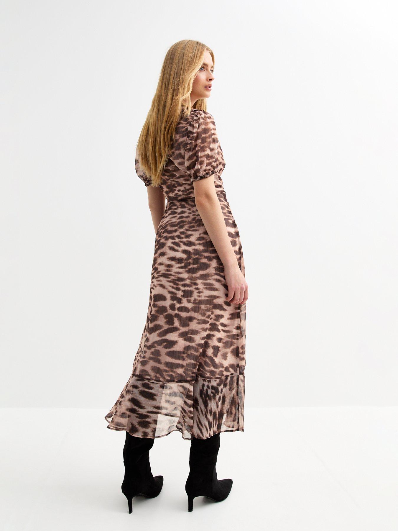  image of new-look-brown-animal-print-chiffon-wrap-midi-dress