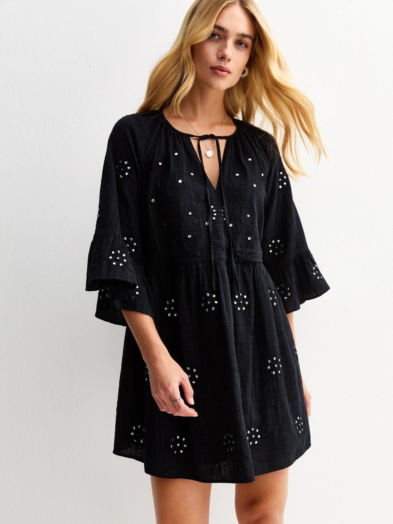 new-look-black-embellished-tie-neck-mini-smock-dress