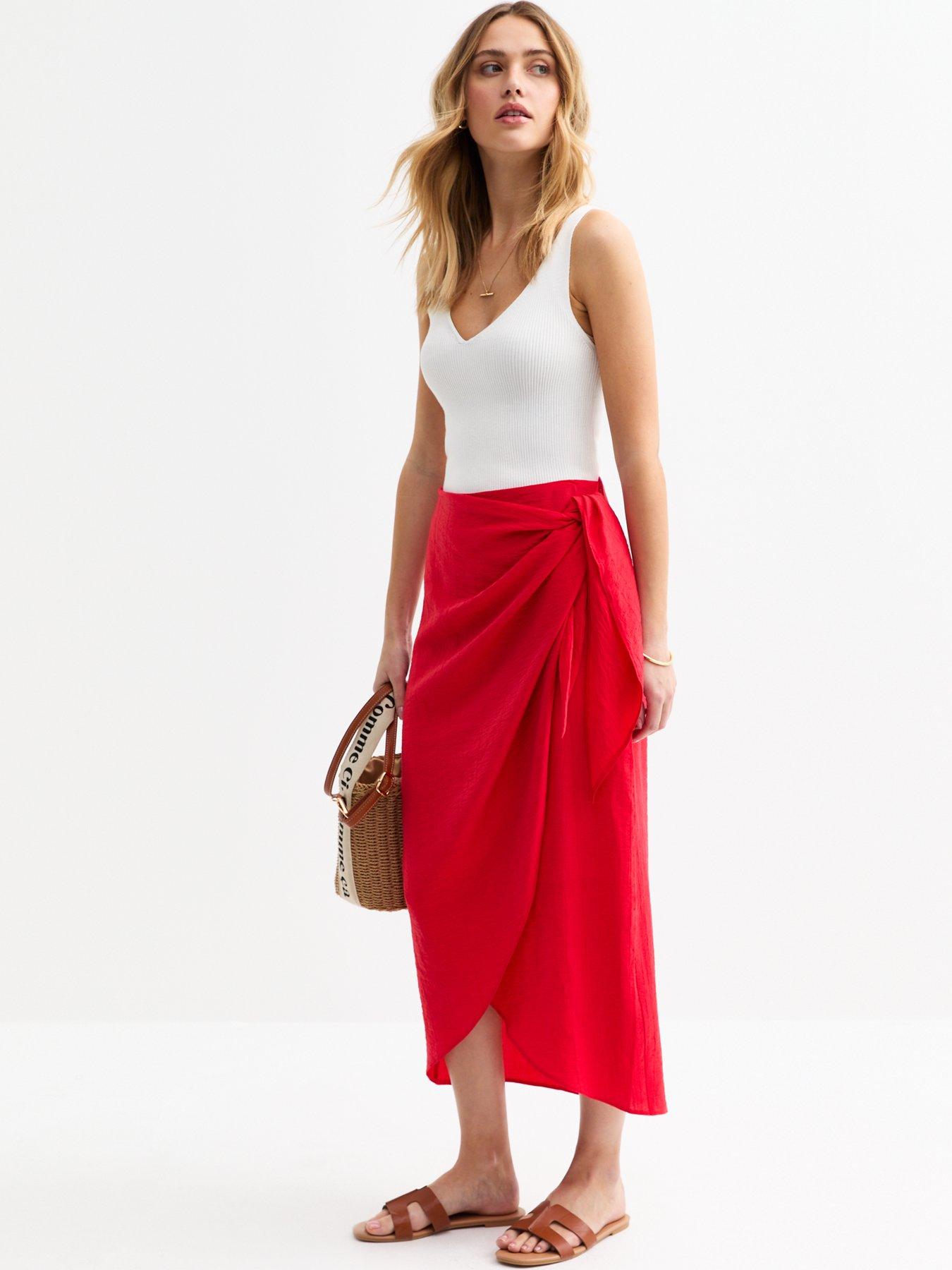 undefined Red Crinkled Wrap Midi Skirt