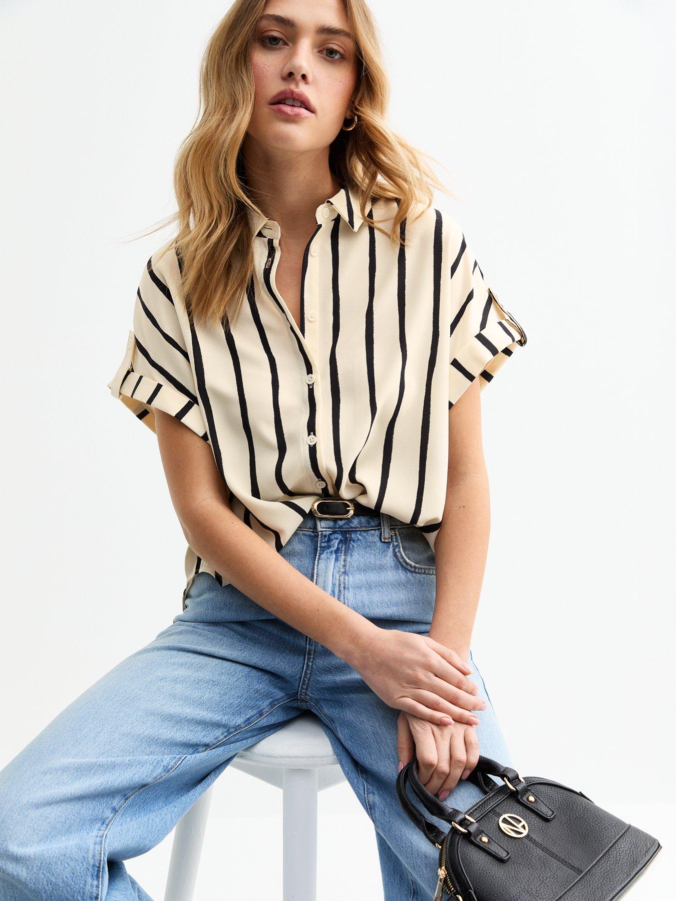 undefined Cream Striped Short Sleeve Shirt
