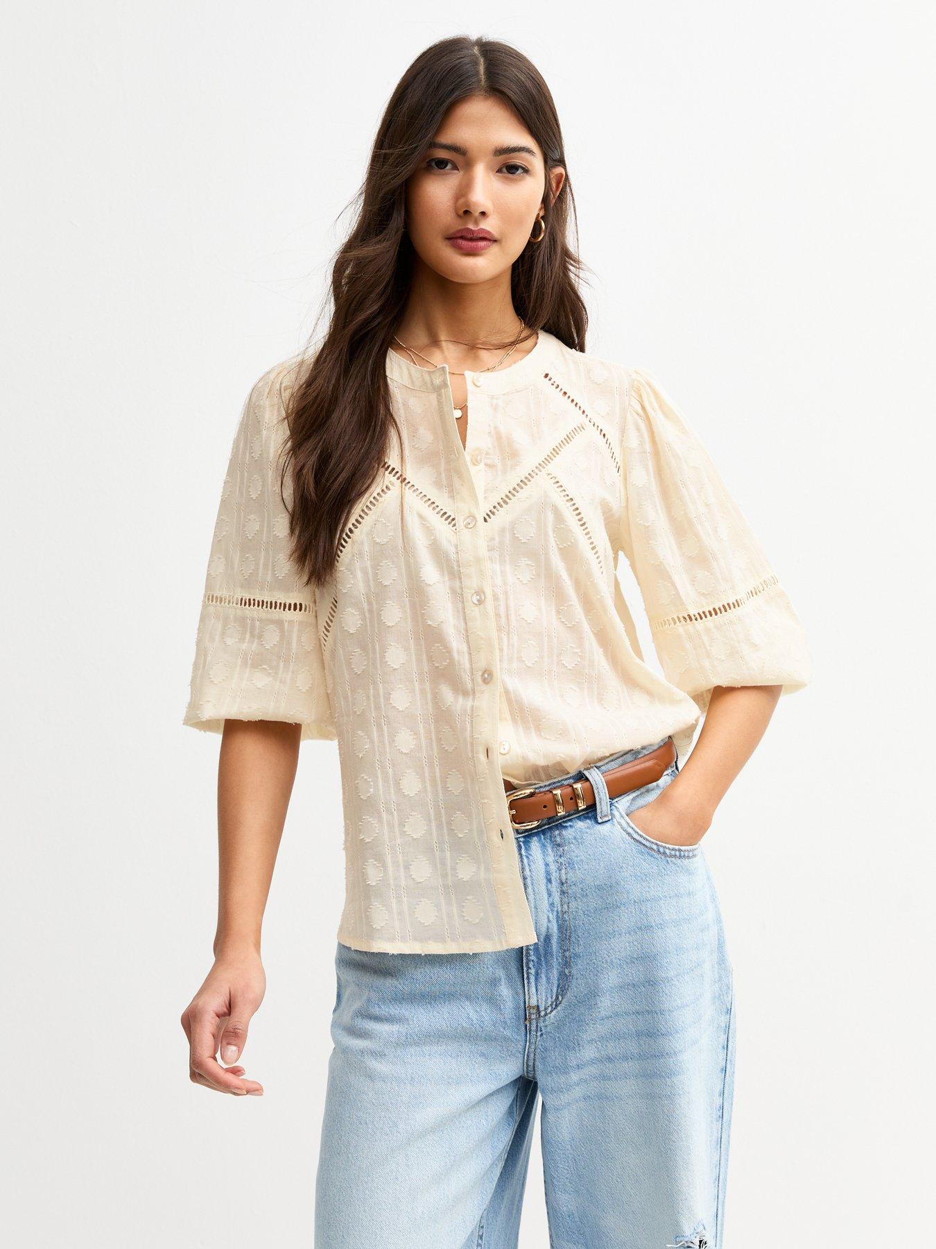 front image of new-look-cream-shell-textured-ladder-stitch-crop-sleeve-blouse