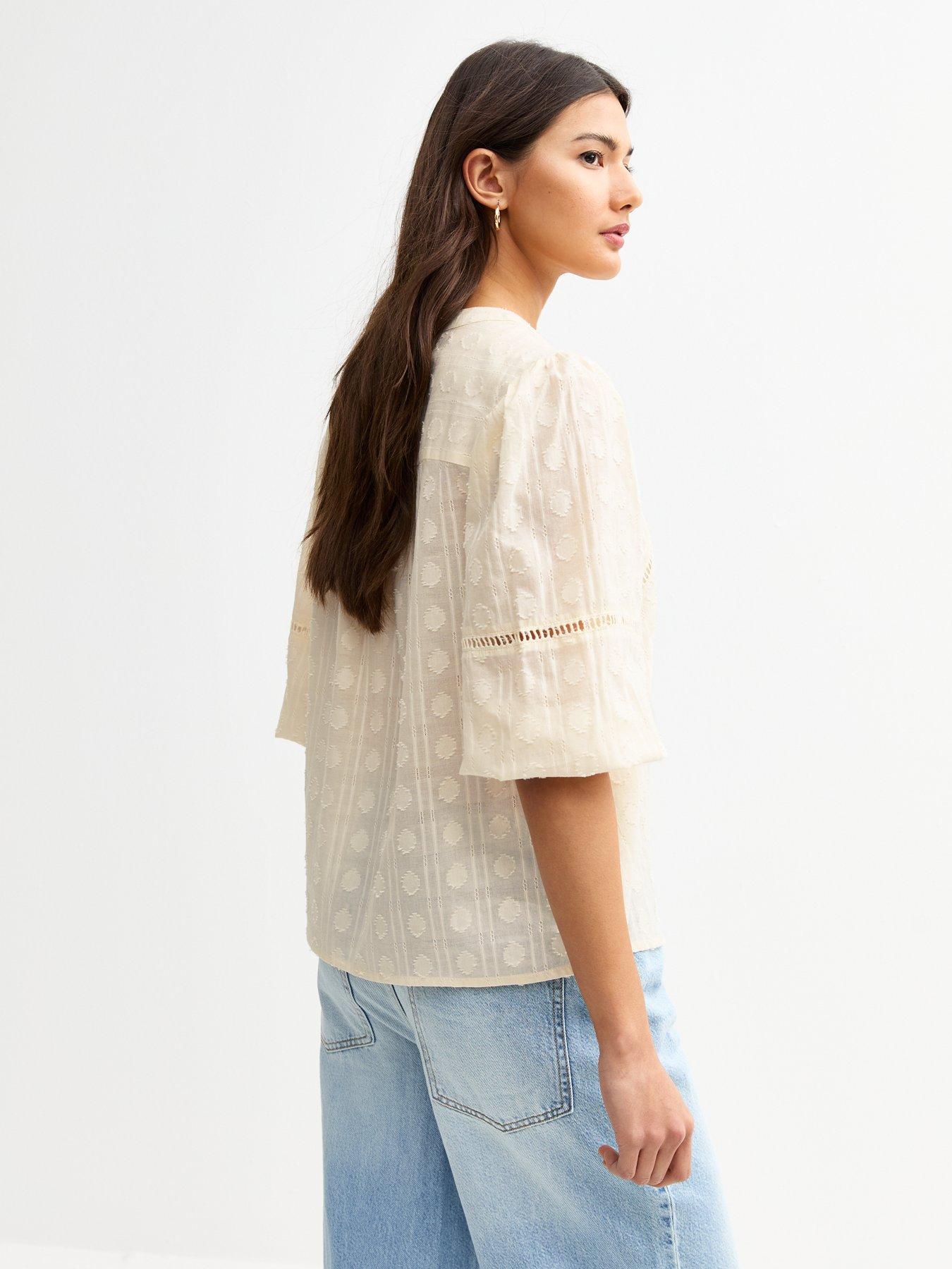 stillFront image of new-look-cream-shell-textured-ladder-stitch-crop-sleeve-blouse
