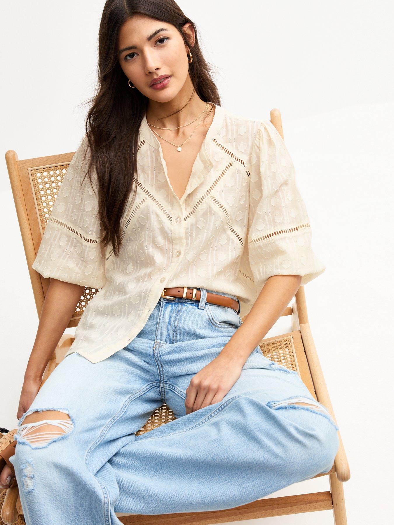  image of new-look-cream-shell-textured-ladder-stitch-crop-sleeve-blouse