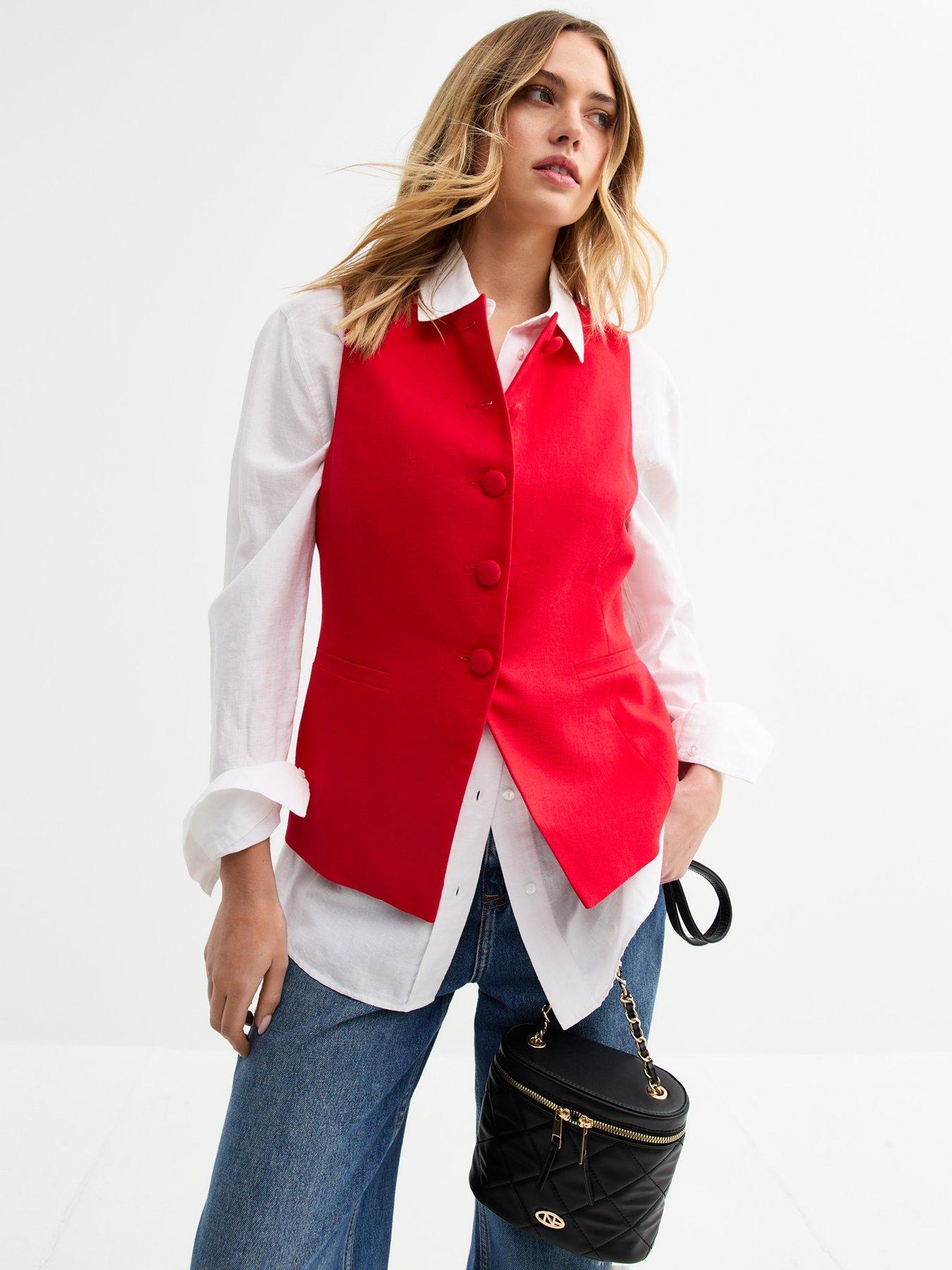  image of new-look-red-crew-neck-linen-blend-waistcoat