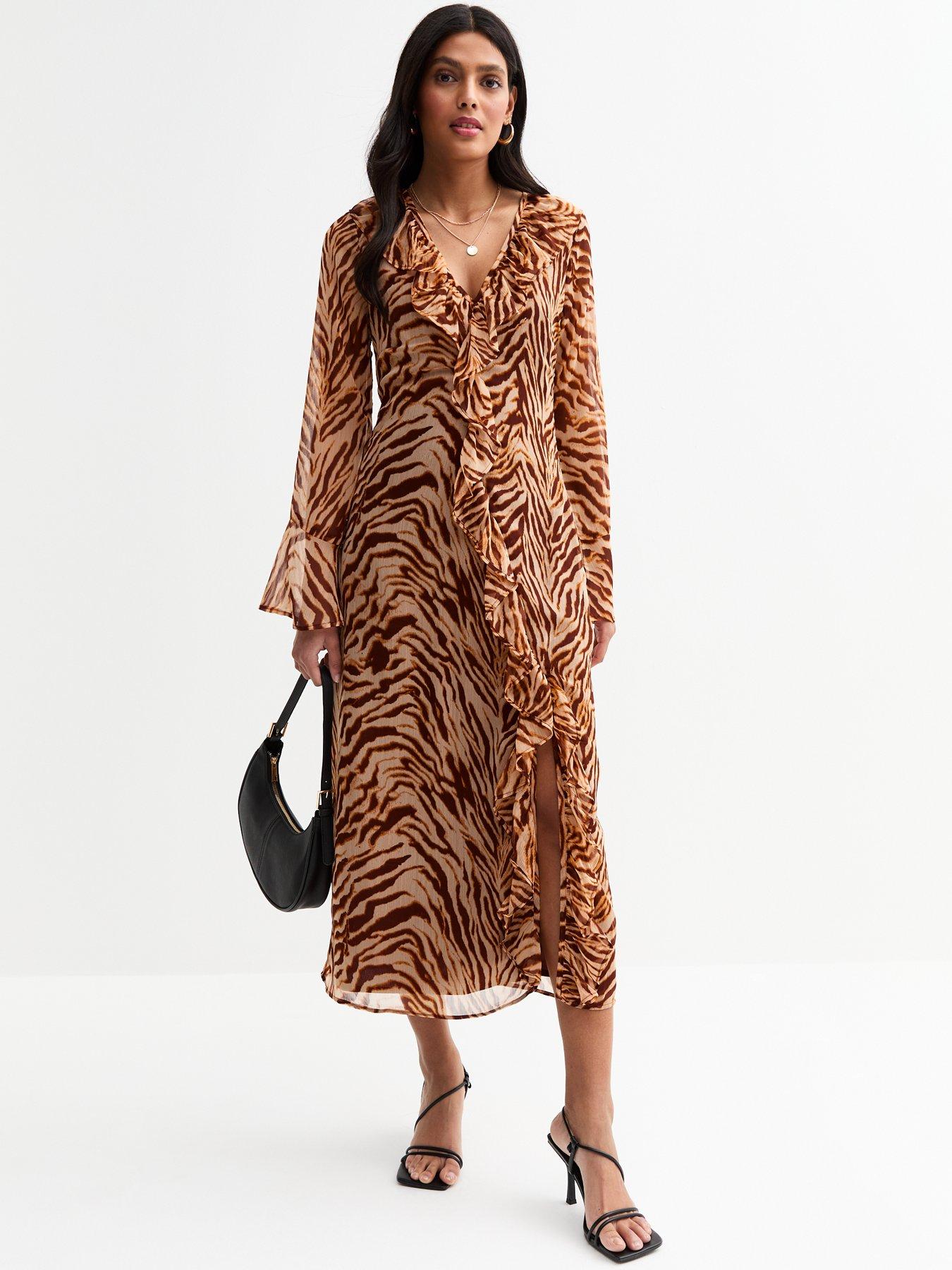 Image 1 of 4 of New Look Animal Print Chiffon Midi Dress - Brown