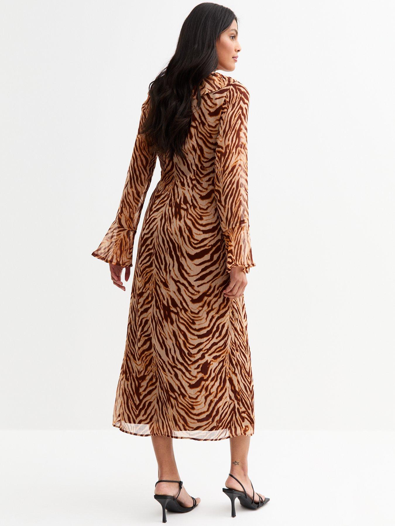 Image 2 of 4 of New Look Animal Print Chiffon Midi Dress - Brown