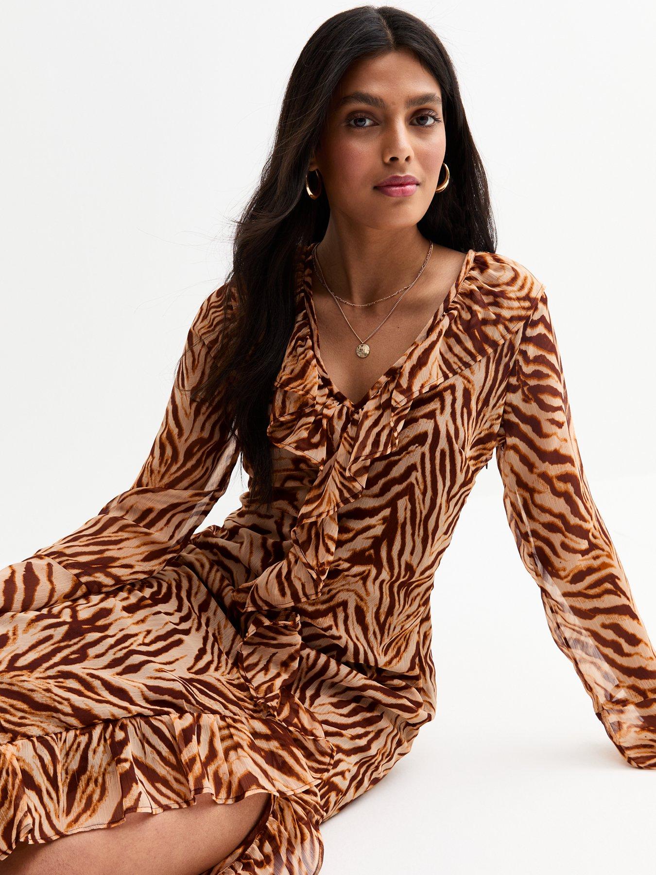 Image 3 of 4 of New Look Animal Print Chiffon Midi Dress - Brown