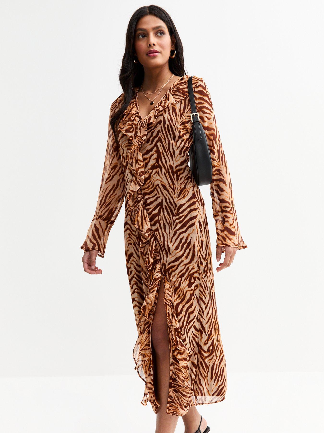 Image 4 of 4 of New Look Animal Print Chiffon Midi Dress - Brown