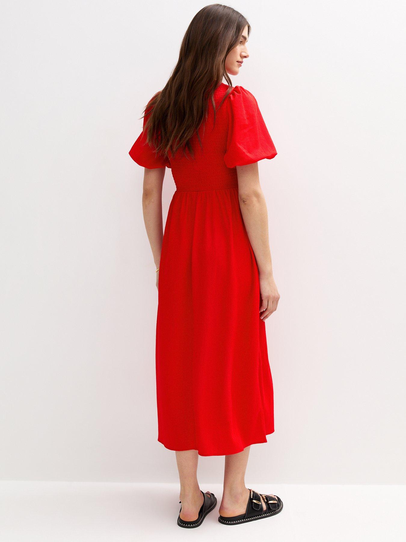  image of new-look-bright-red-crinkled-shirred-bodice-midi-dress
