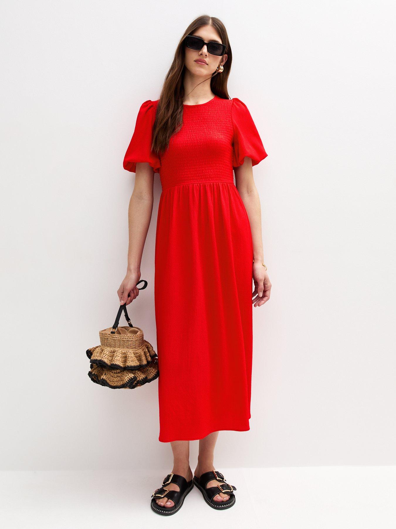  image of new-look-bright-red-crinkled-shirred-bodice-midi-dress