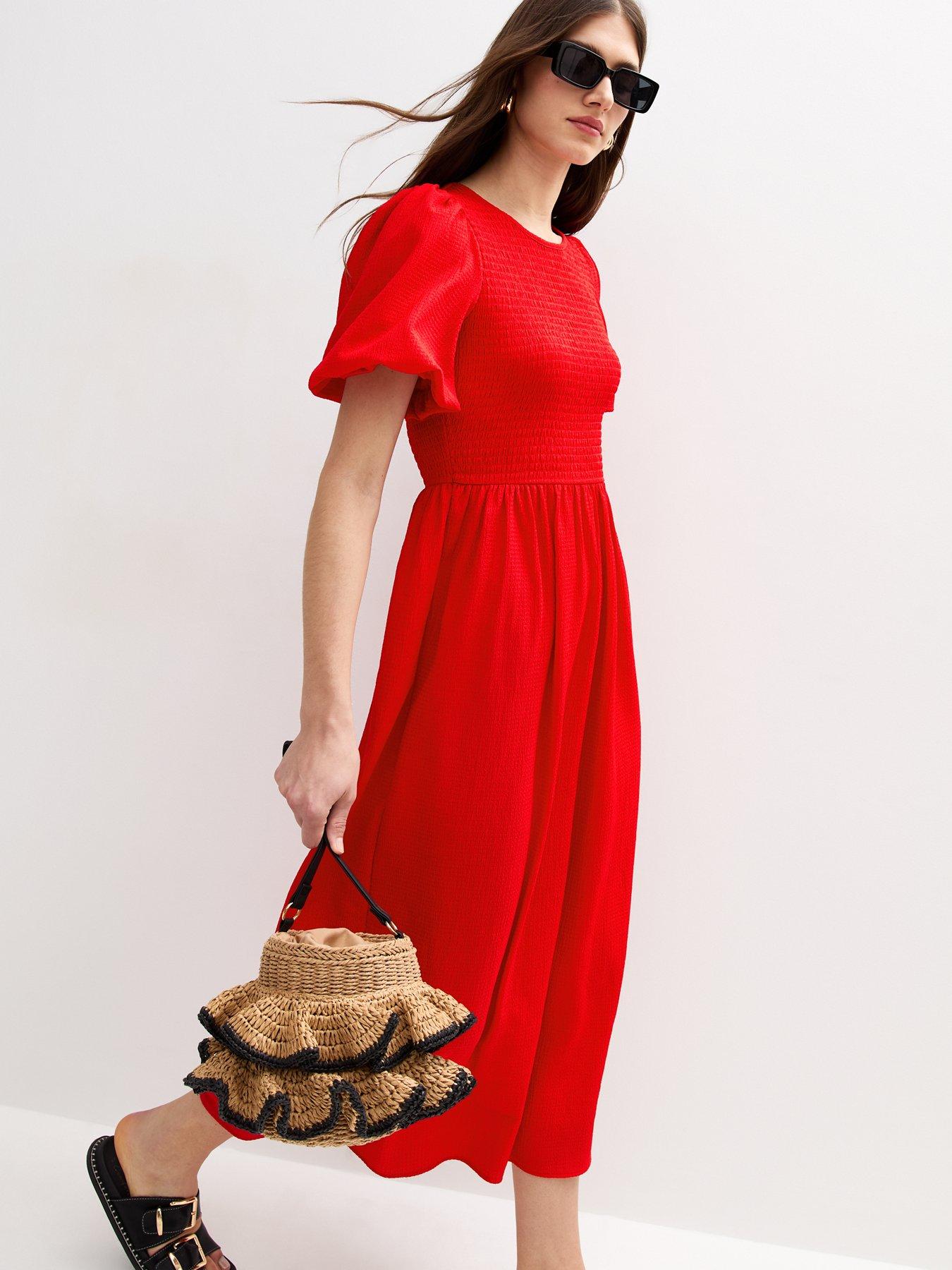  image of new-look-bright-red-crinkled-shirred-bodice-midi-dress
