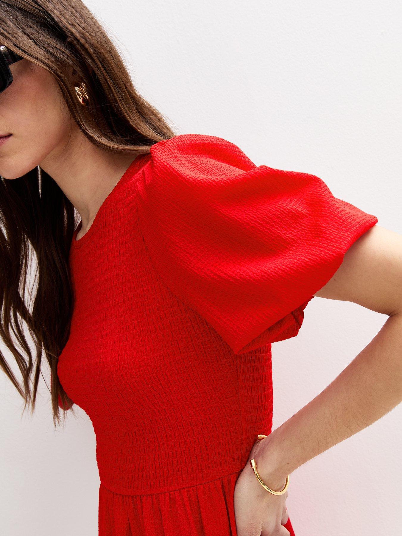  image of new-look-bright-red-crinkled-shirred-bodice-midi-dress