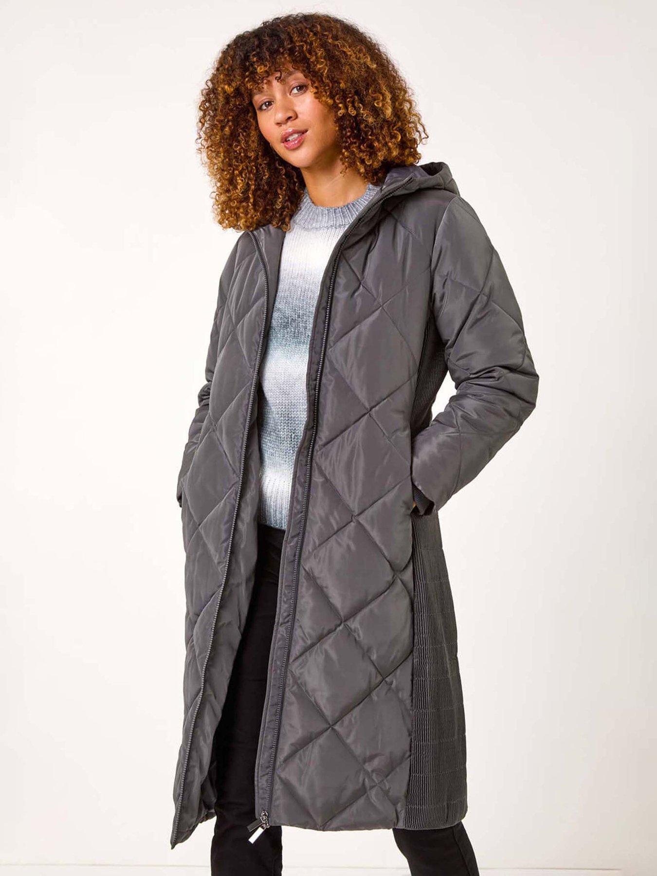 Image 1 of 5 of Roman Longline Diamond Quilt Hooded Coat - Grey