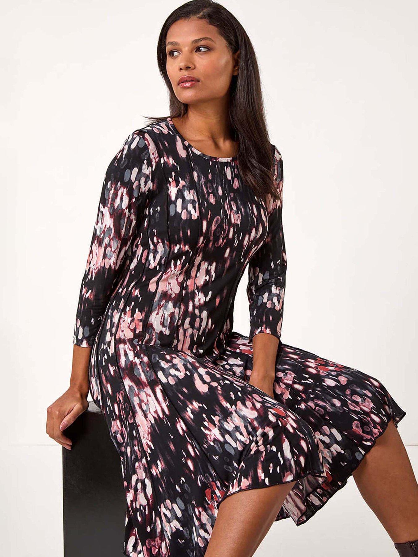 roman-abstract-spot-print-stretch-midi-dress-brown