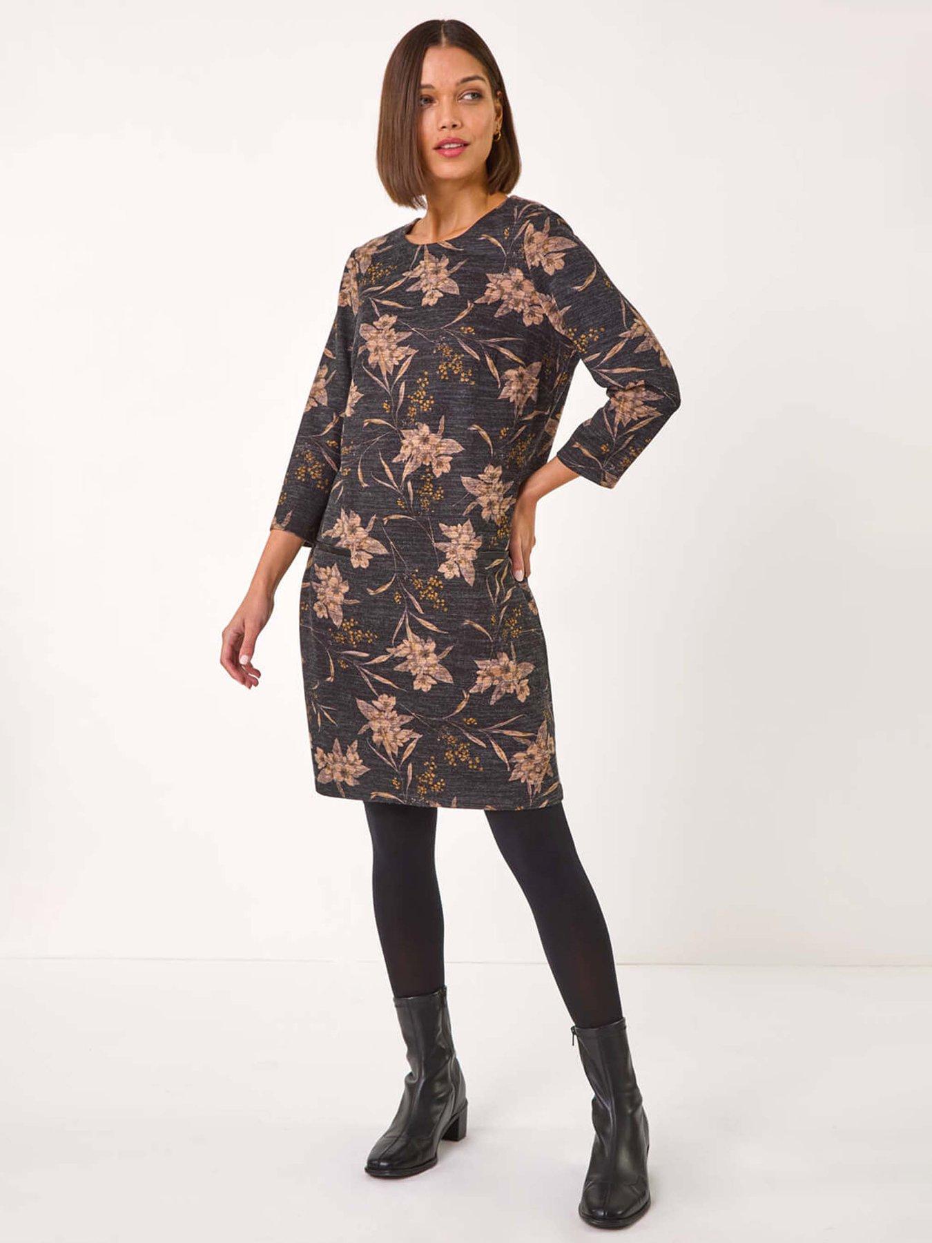 Roman Floral Print Pocket Shift Stretch Dress - Grey