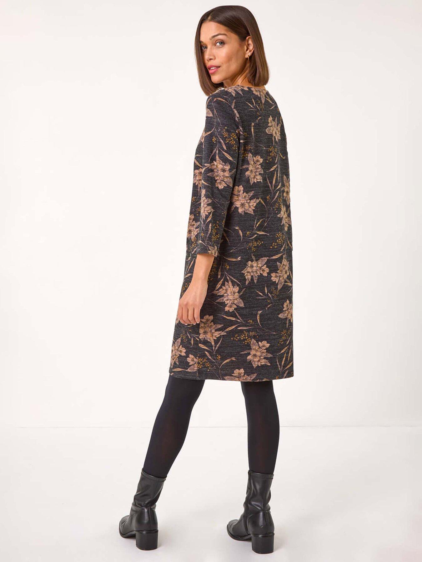 image of roman-floral-print-pocket-shift-stretch-dress-grey