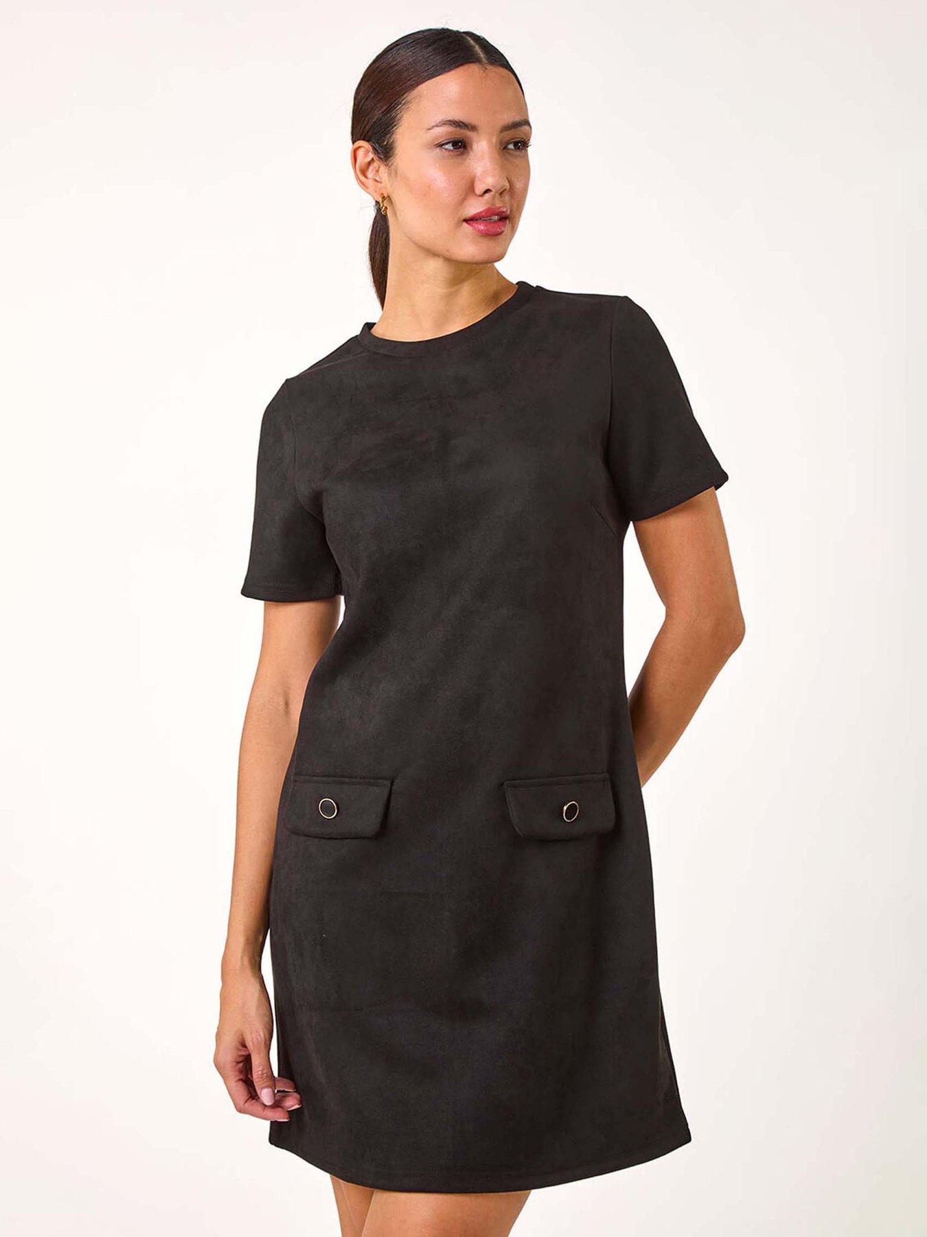 Roman Suedette Button Shift Stretch Dress - Black