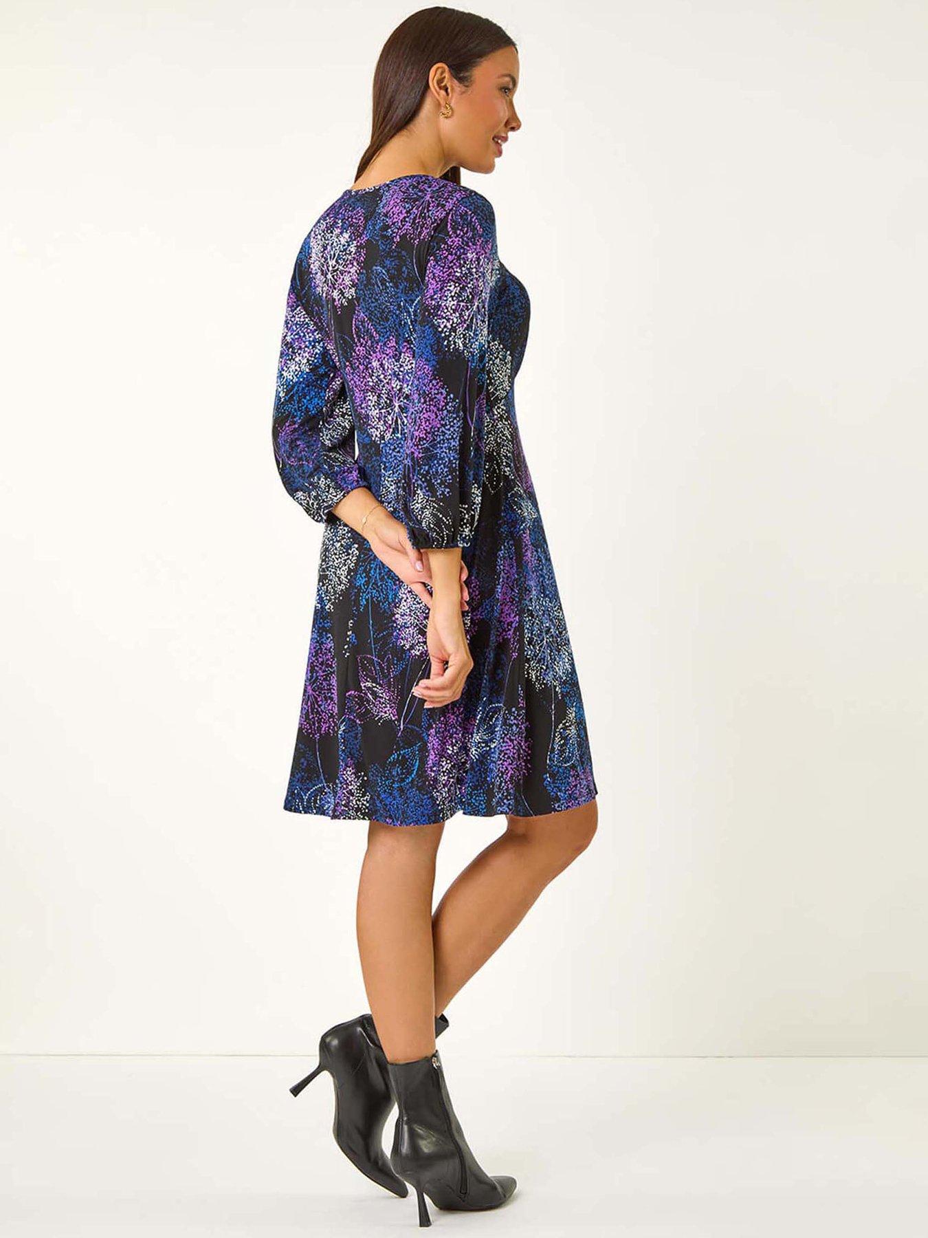 Image 2 of 5 of Roman Foliage Print Tea Dress - Purple