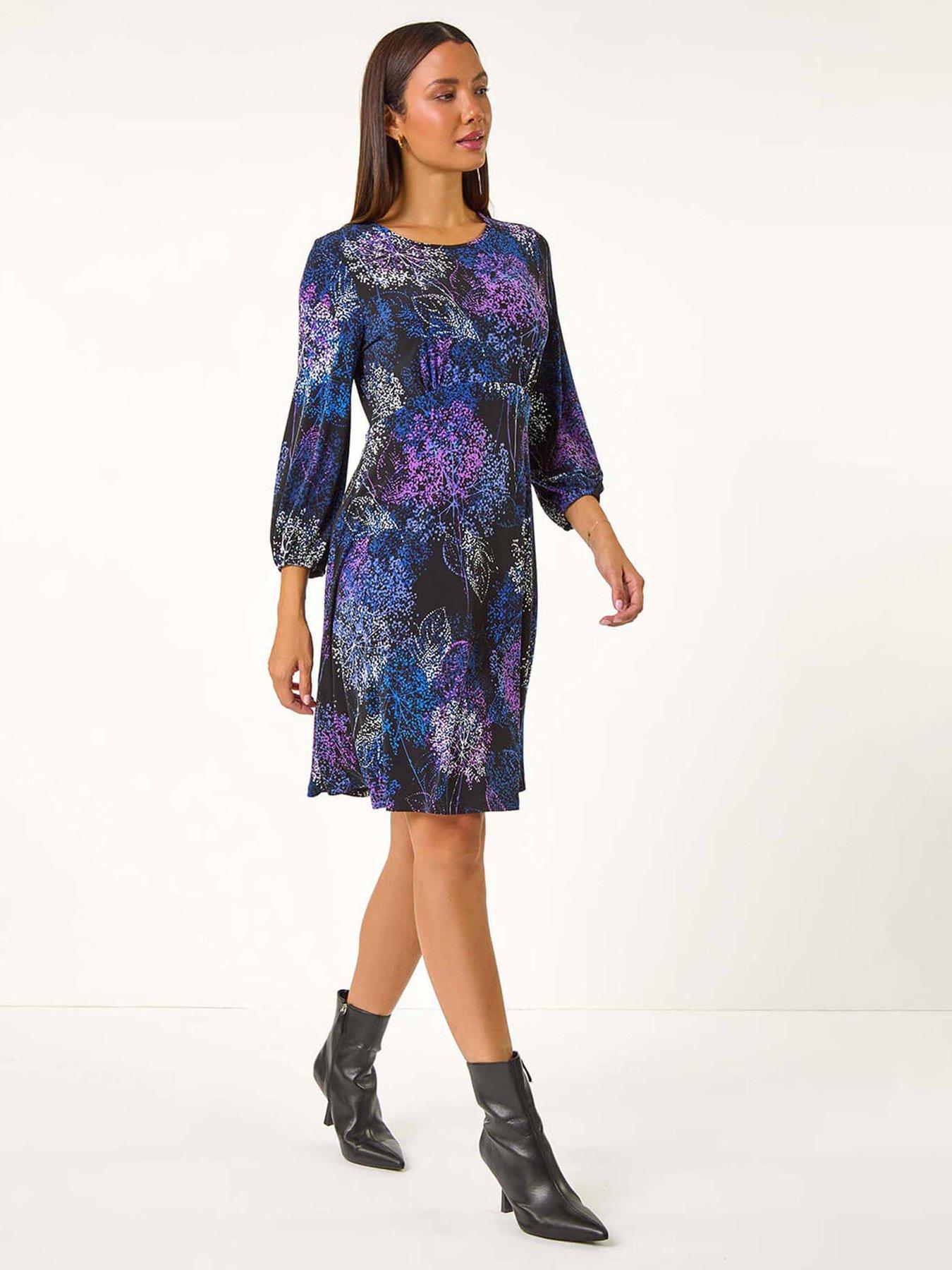 Image 3 of 5 of Roman Foliage Print Tea Dress - Purple