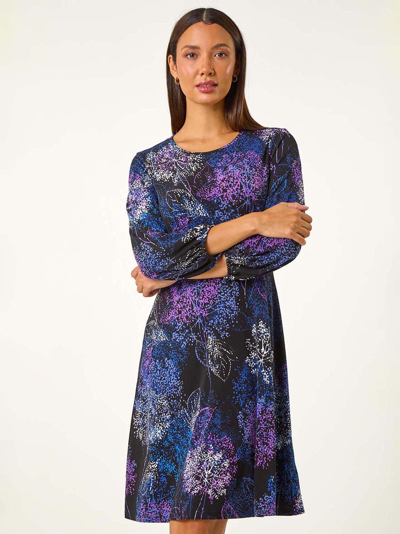 Image 4 of 5 of Roman Foliage Print Tea Dress - Purple