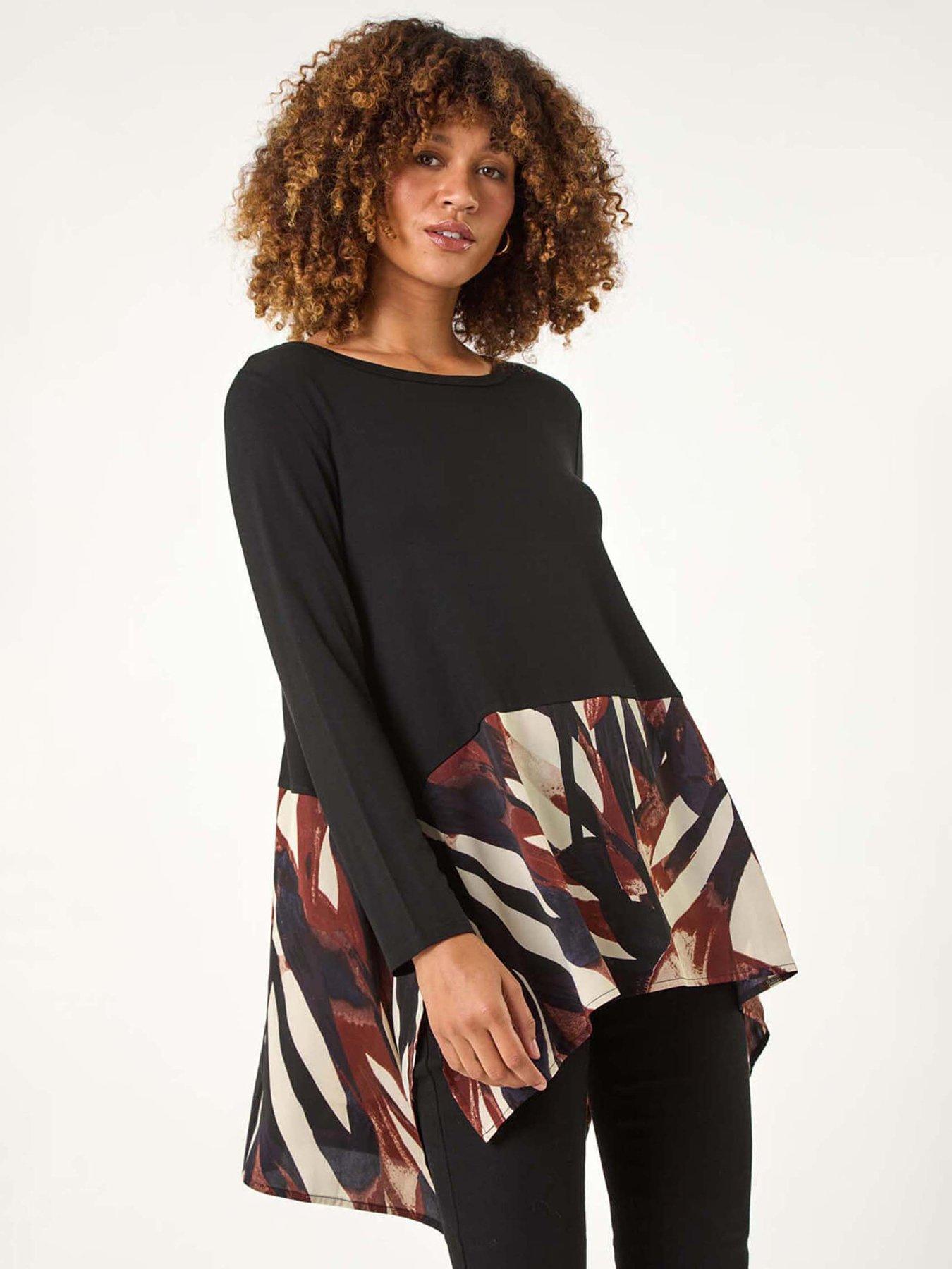 undefined 2 In 1 Abstract Print Chiffon Hem Top - Black