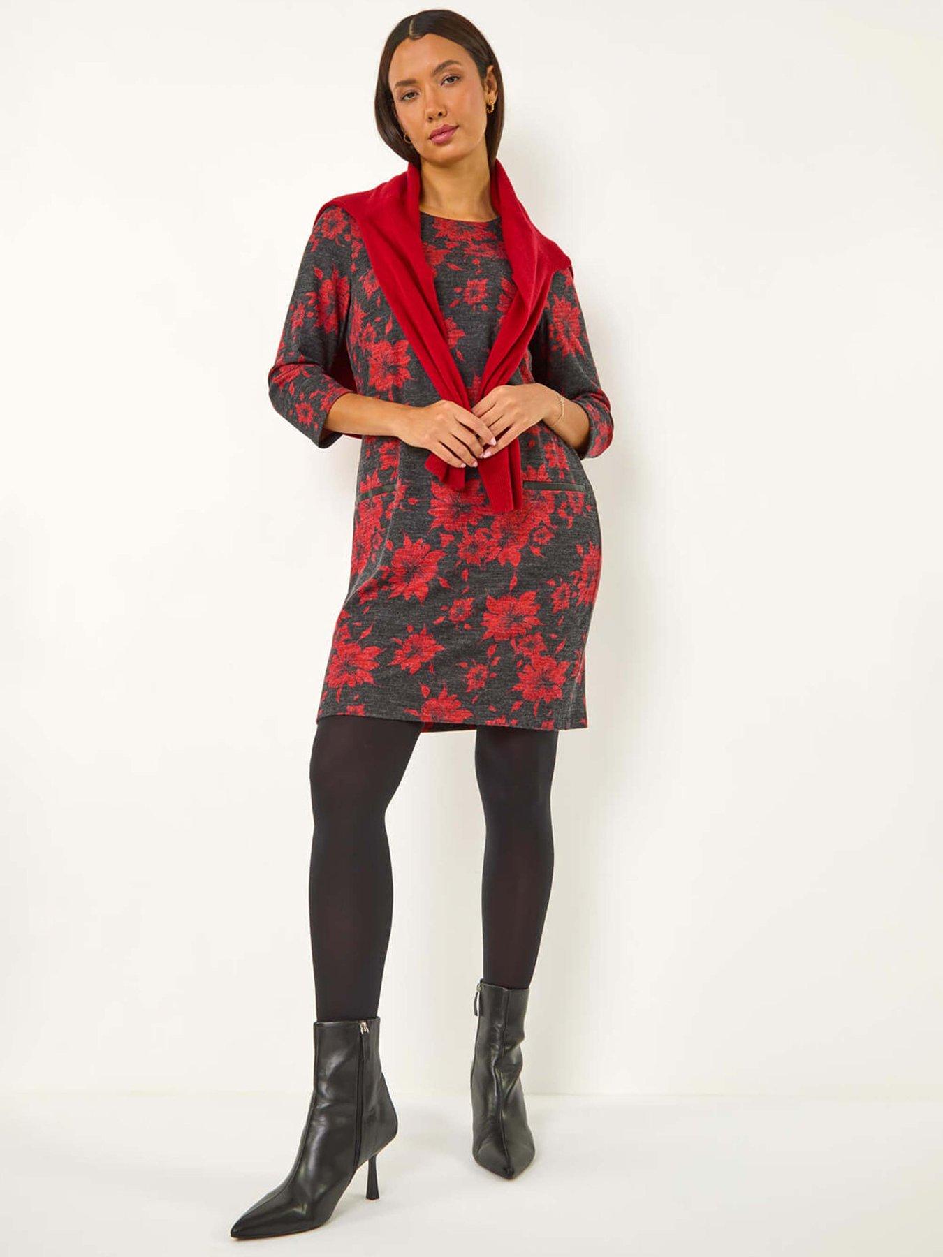 Image 1 of 5 of Roman Floral Print Pocket Shift Stretch Dress - Red