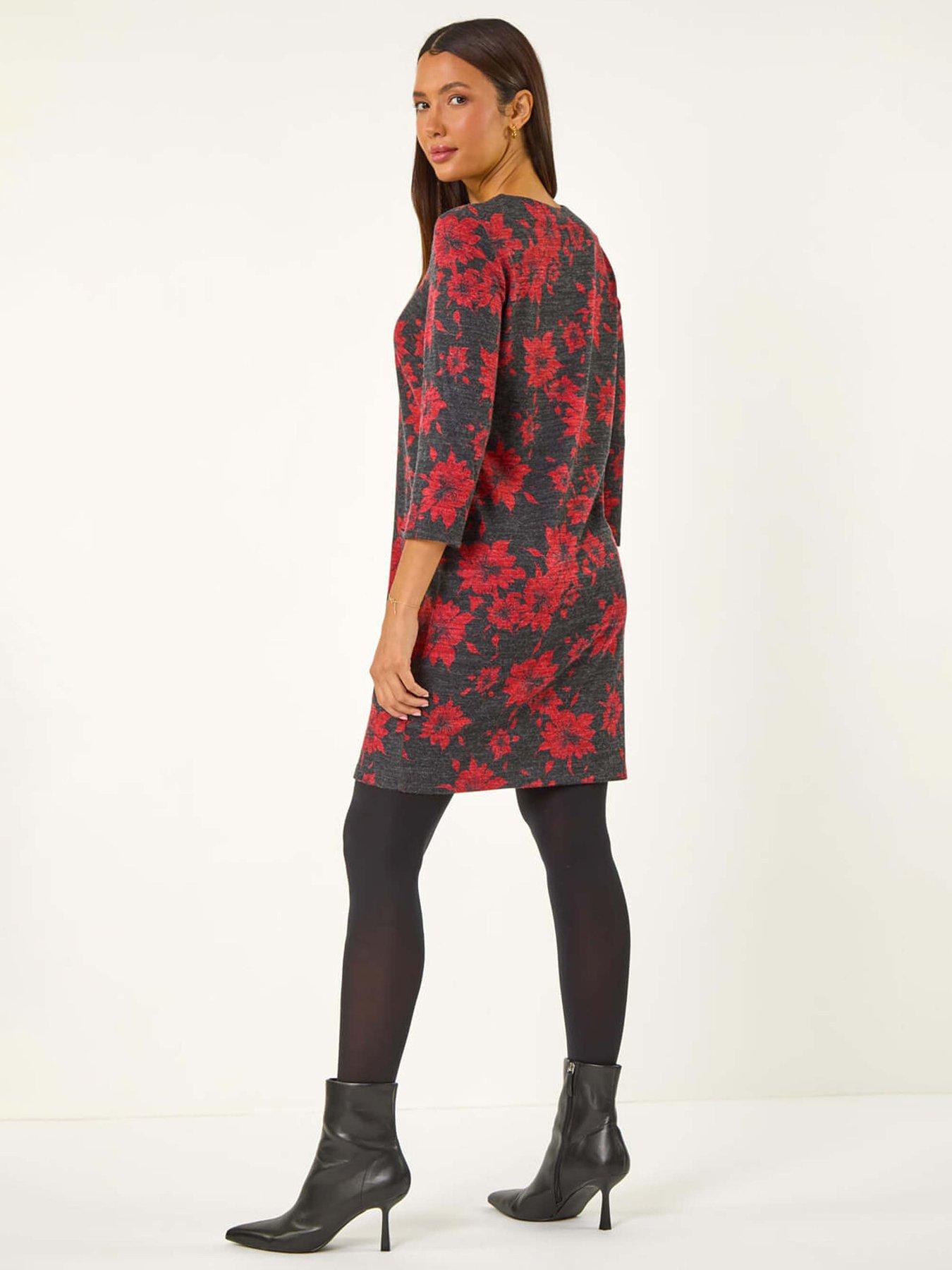 Image 2 of 5 of Roman Floral Print Pocket Shift Stretch Dress - Red