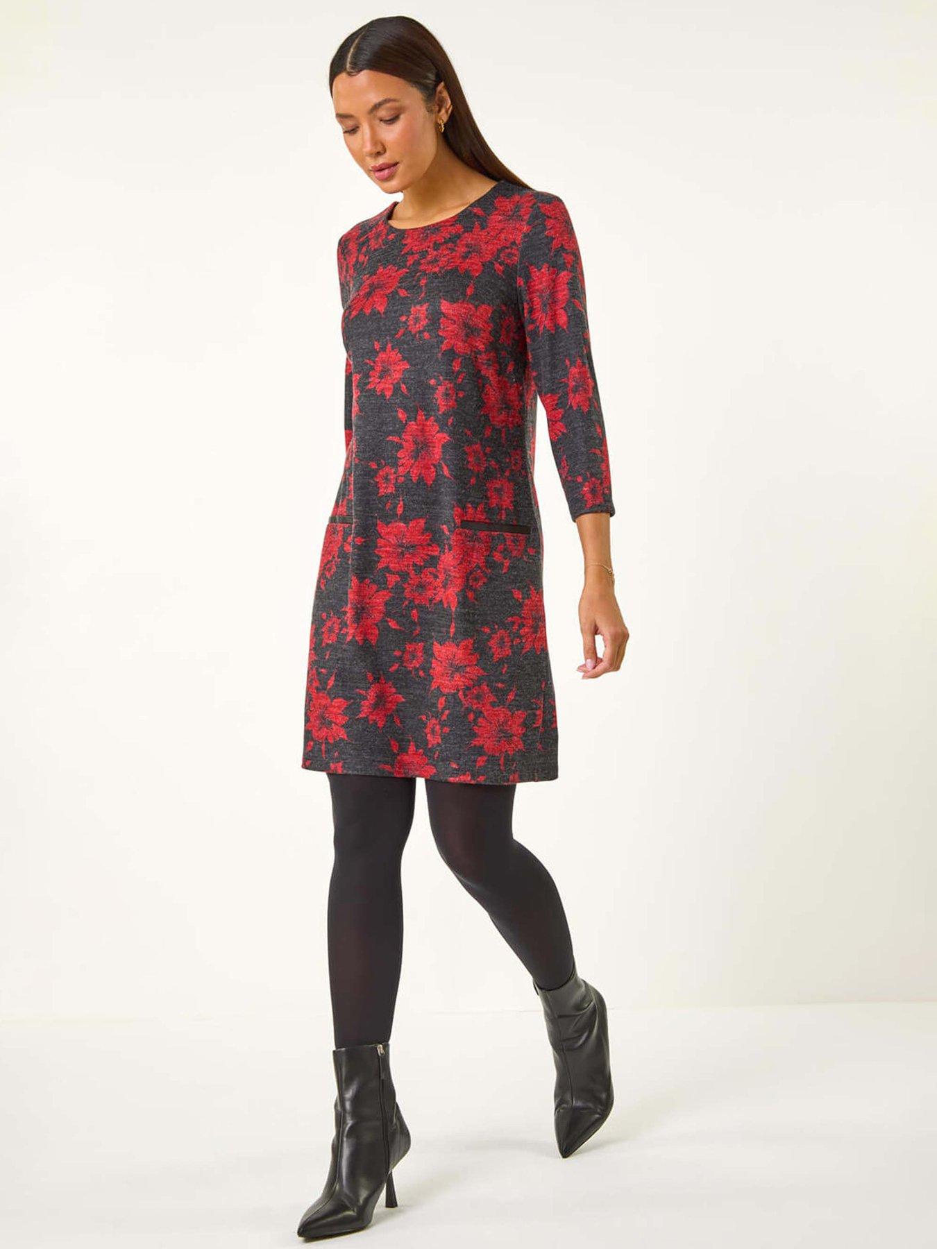 Image 3 of 5 of Roman Floral Print Pocket Shift Stretch Dress - Red