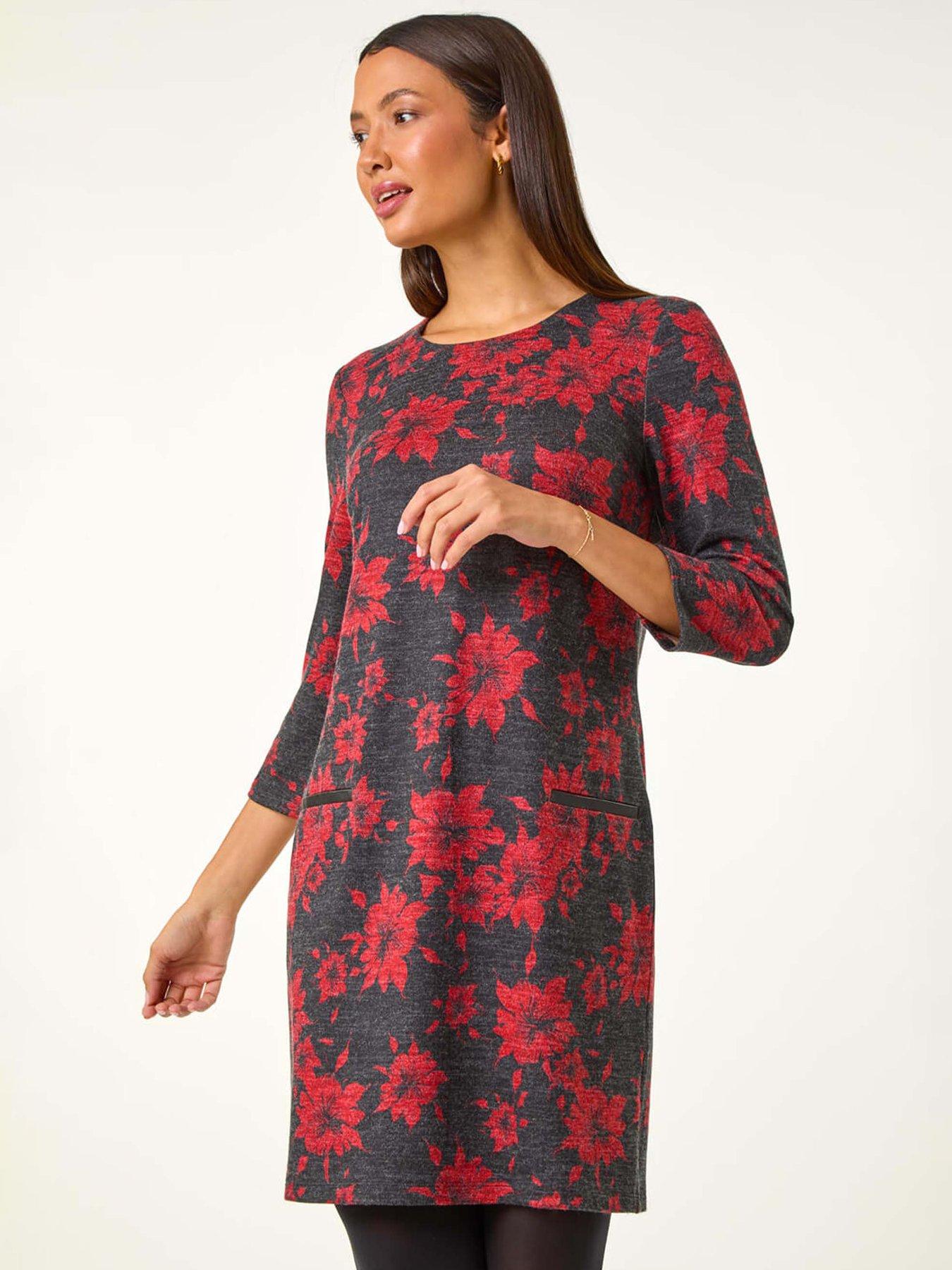 Image 4 of 5 of Roman Floral Print Pocket Shift Stretch Dress - Red