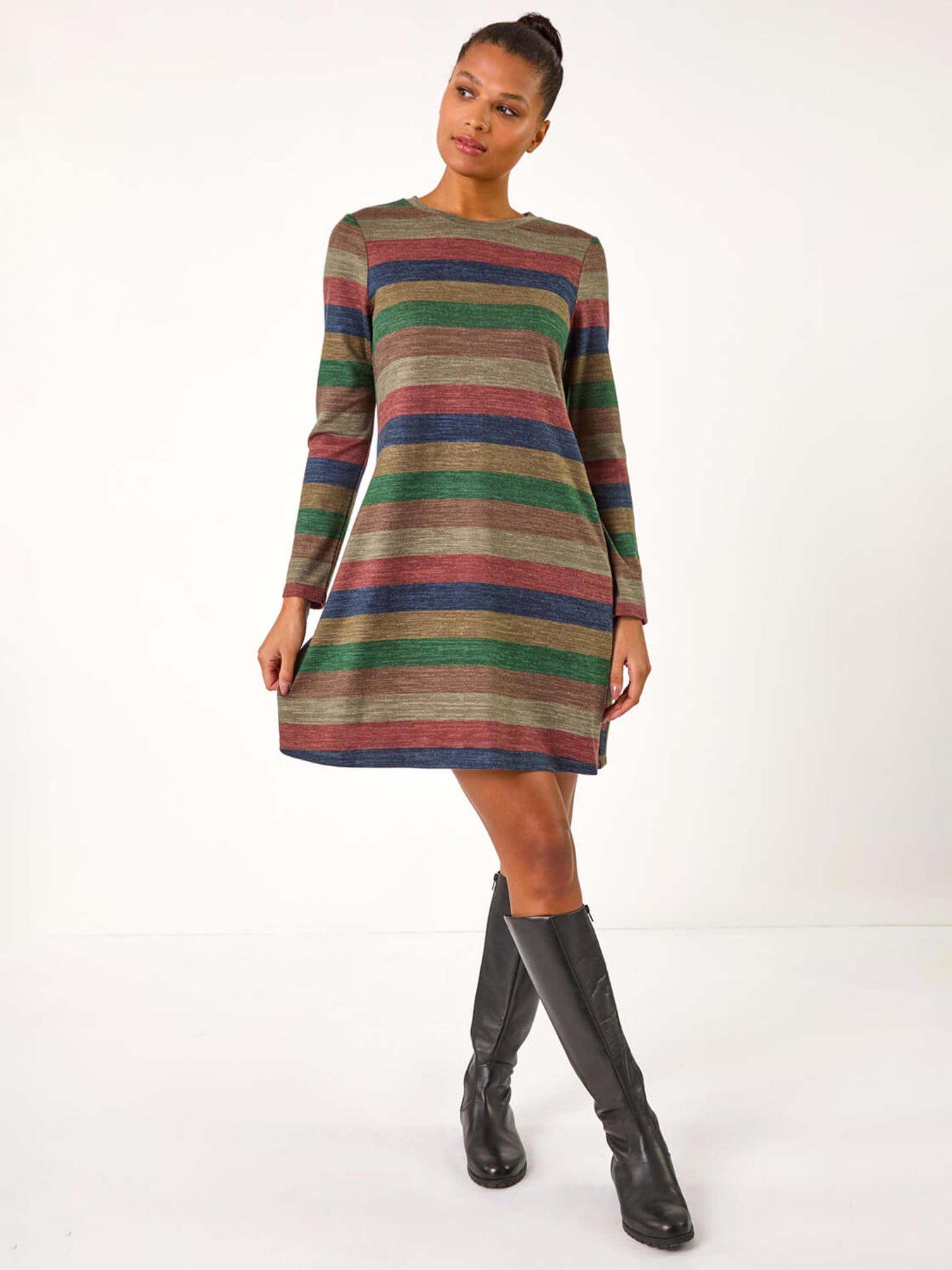 undefined Stripe Print Side Button Shift Dress - Blue