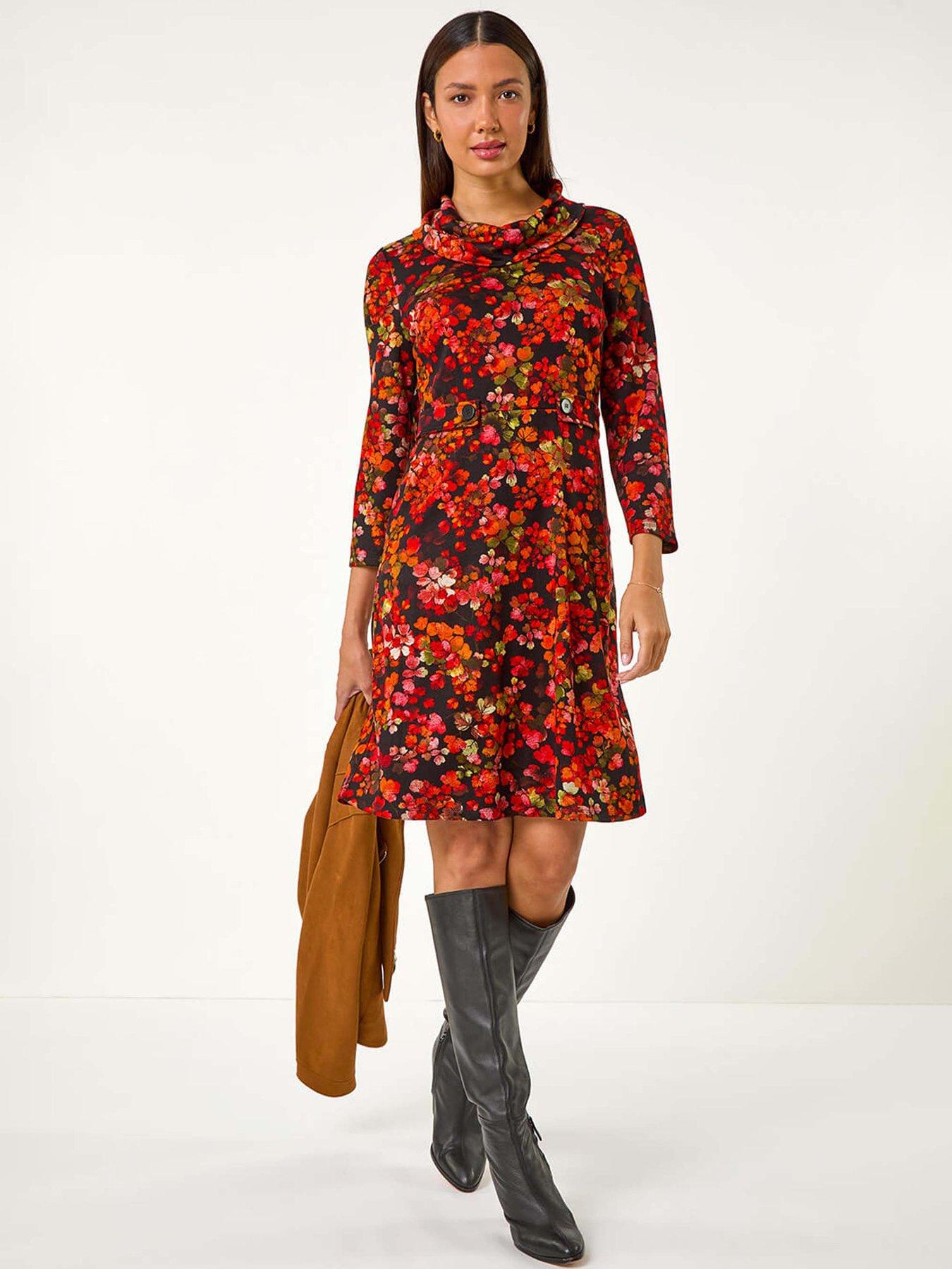Image 1 of 5 of Roman Leaf Print Cowl Neck Tab Detail Dress - Red